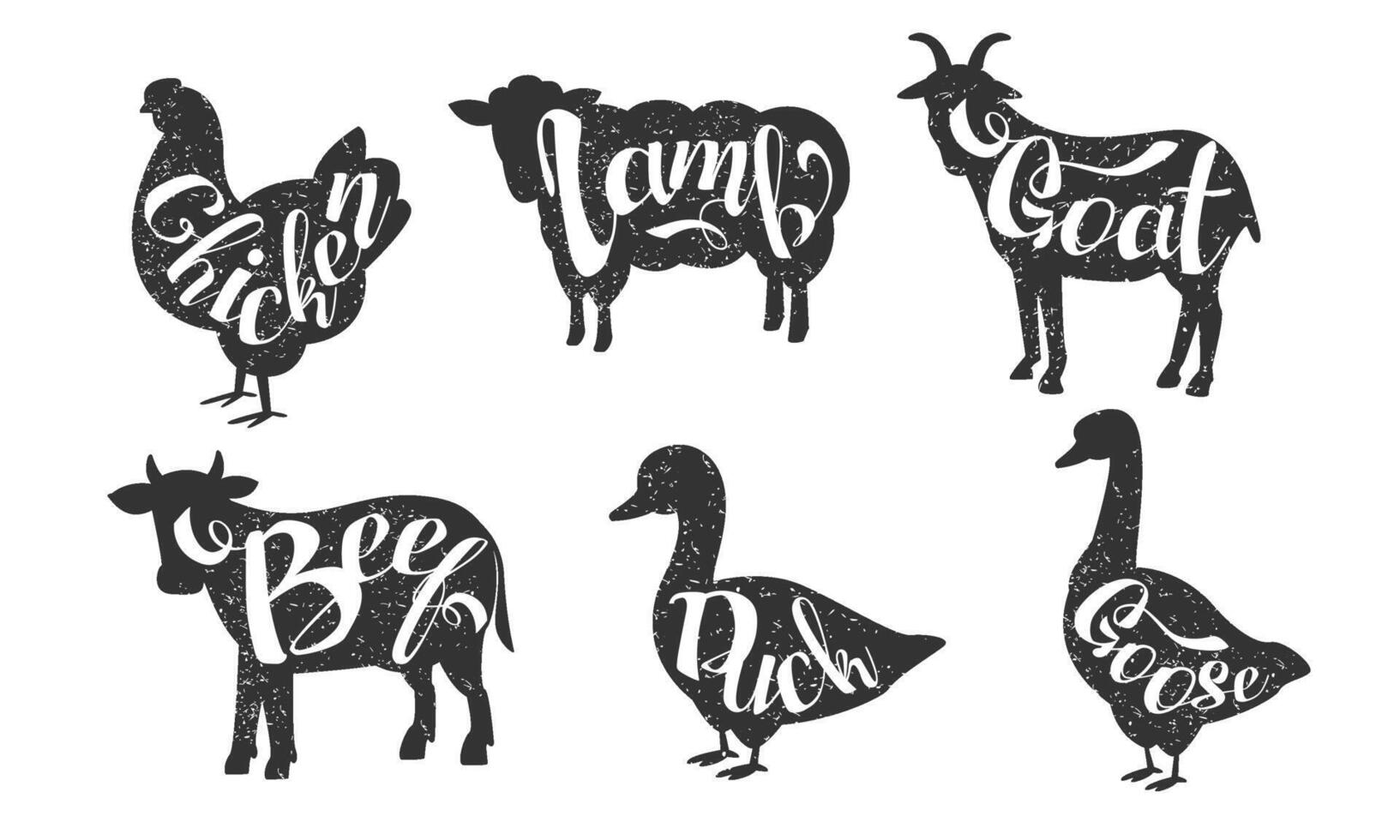 Farm Animals Silhouettes Retro Labels Set, Beef, Duck, Goose, Chicken, Lamb, Goat, Butchery Hand Drawn Badges Monochrome Illustration vector