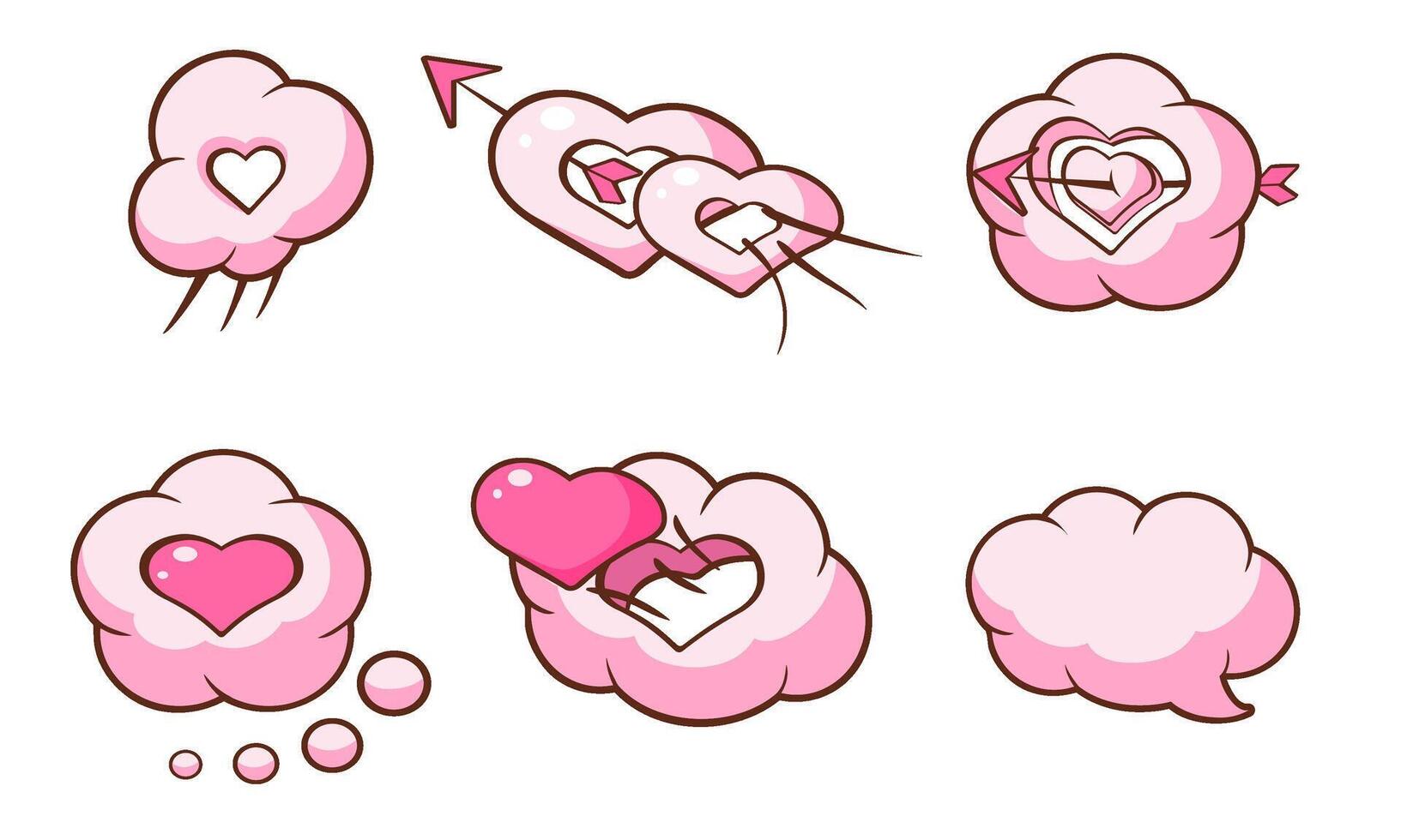Cute Pink Heart Shaped Clouds and Speech Bubbles Set, Saint Valentines Day Design Elements Illustration vector