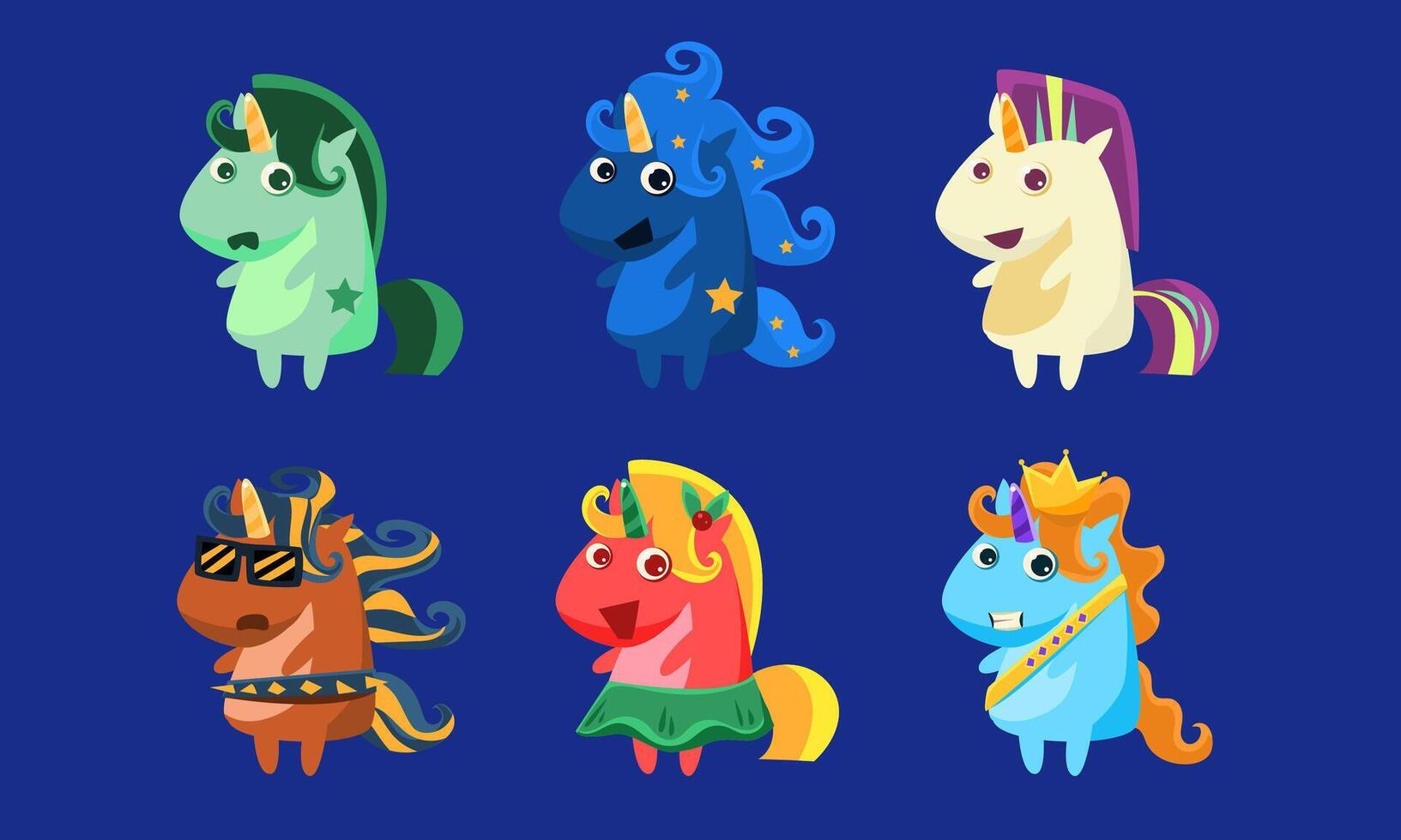 Cute Unicorns Set, Funny Fantastic Animals Characters in Different Costumes, Illustration vector
