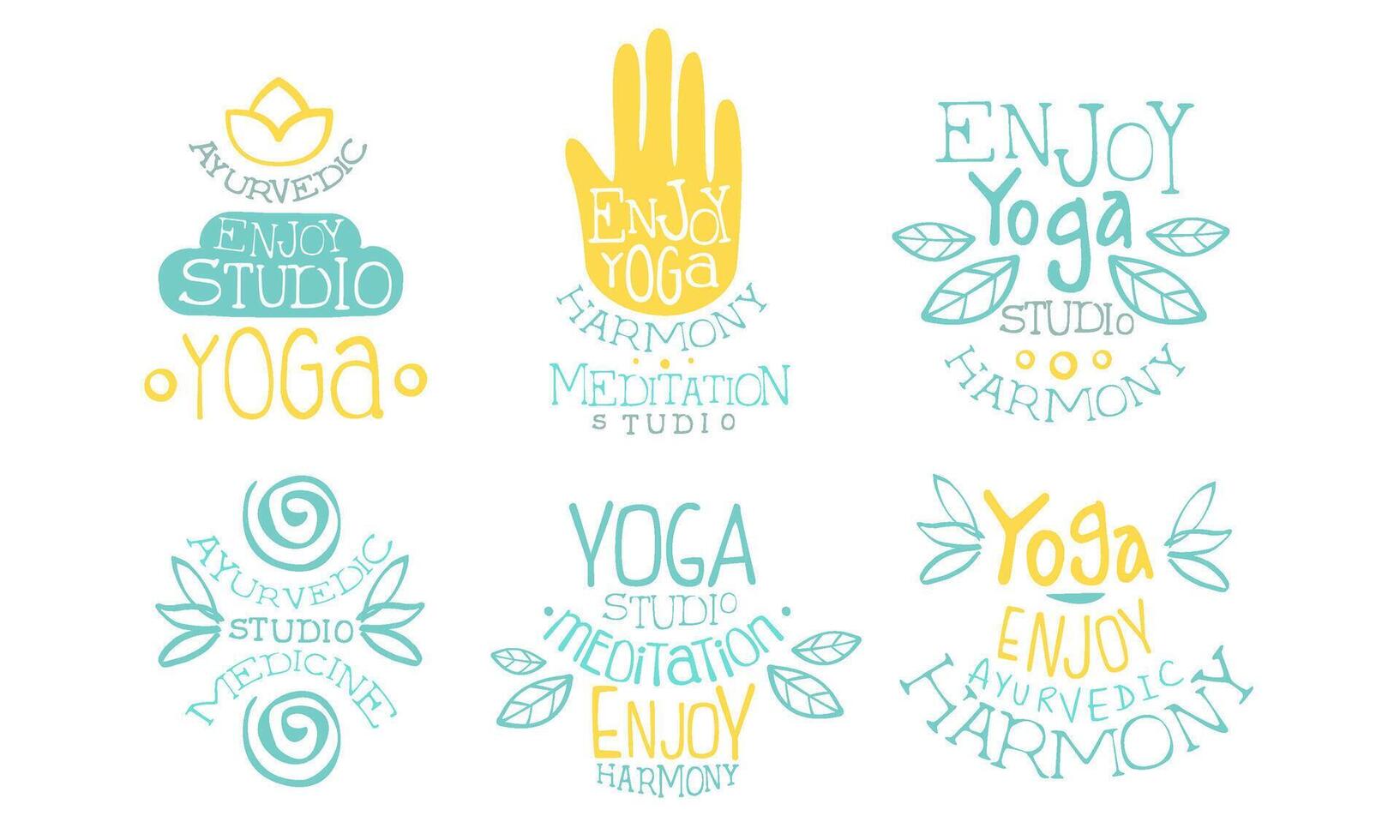Ayurvedic Medicine Studio Labels Set, Enjoy Yoga Harmony Meditation Studio Hand Drawn Badges Illustration vector