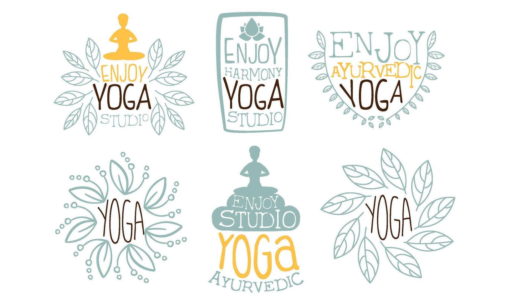 Ayurvedic Yoga Labels Set, Enjoy Yoga Studio Hand Drawn Badges Illustration vector