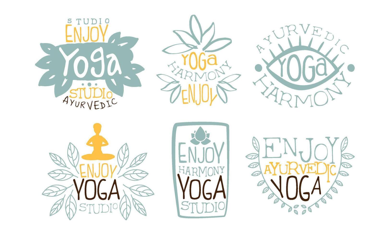 Ayurvedic Yoga Harmony Labels Set, Enjoy Yoga Meditation Studio Hand Drawn Badges Illustration vector
