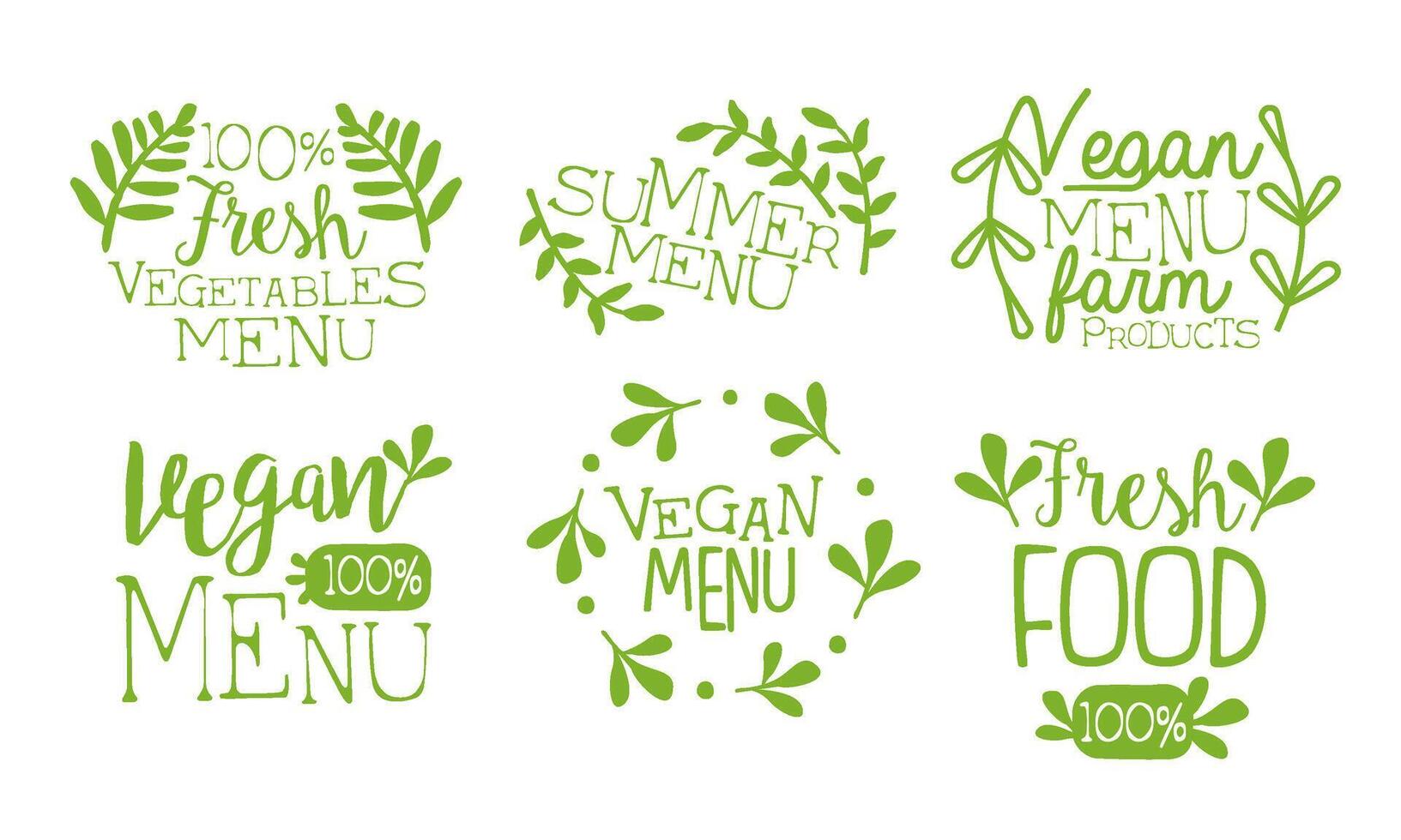 Fresh Vegan Menu Labels Set, Fresh Farm Products Summer Menu Hand Drawn Badges Illustration vector