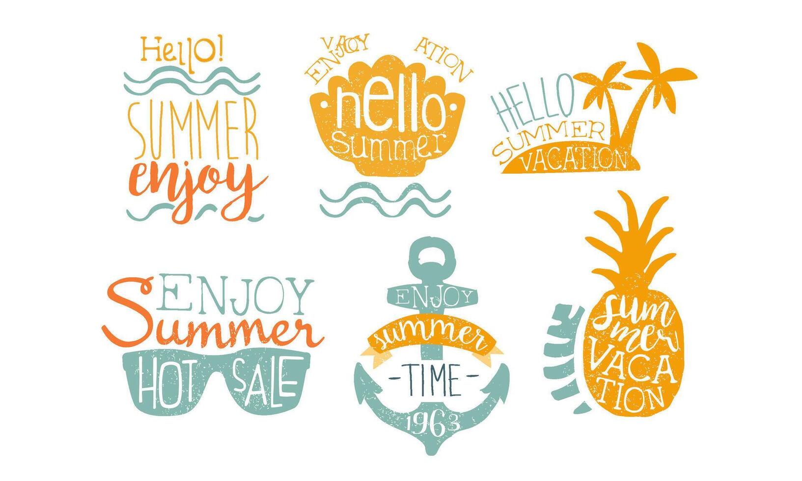 Hot Summer Sale Labels Set, Enjoy Summer Vacation Retro Hand Drawn Badges Illustration vector
