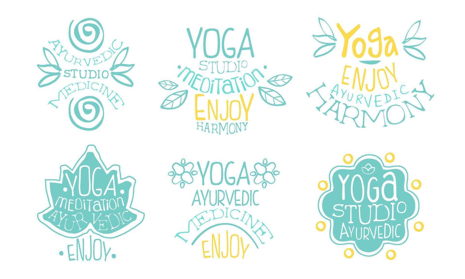 Ayurvedic Medicine Studio Labels Set, Meditation Studio, Enjoy Harmony Hand Drawn Badges Illustration vector