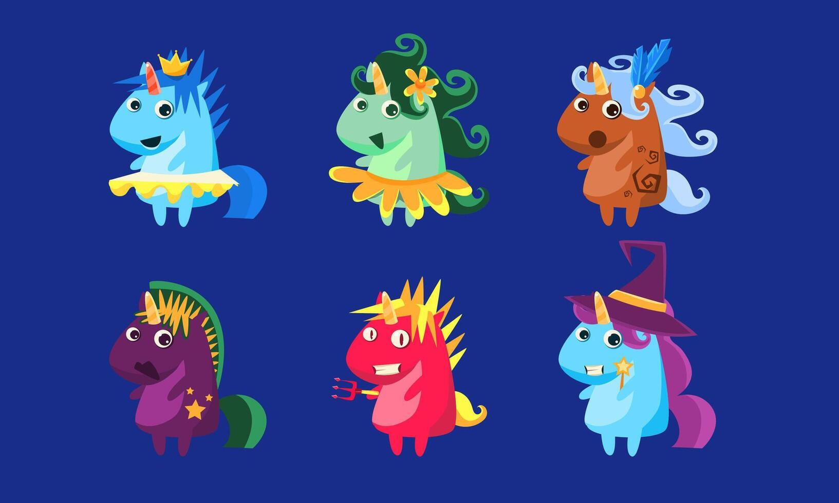 Unicorns Set, Cute Fantastic Animals Characters in Different Costumes Illustration vector