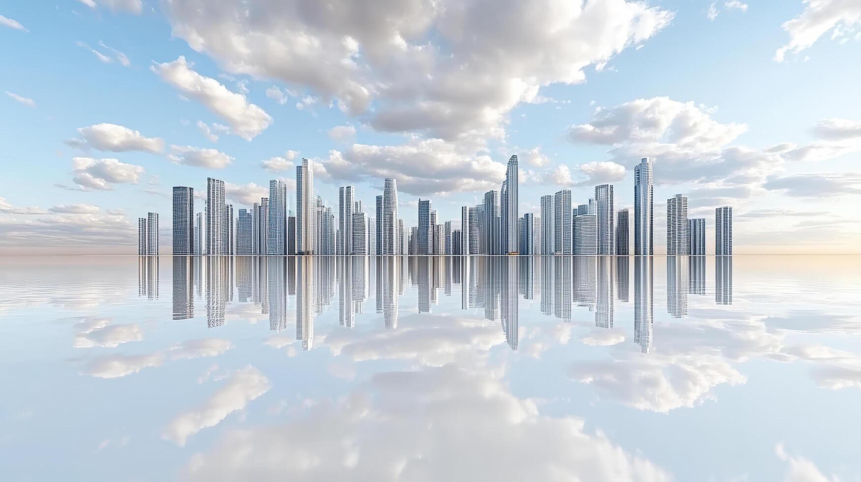 Futuristic city skyline with reflective water and dramatic clouds photo