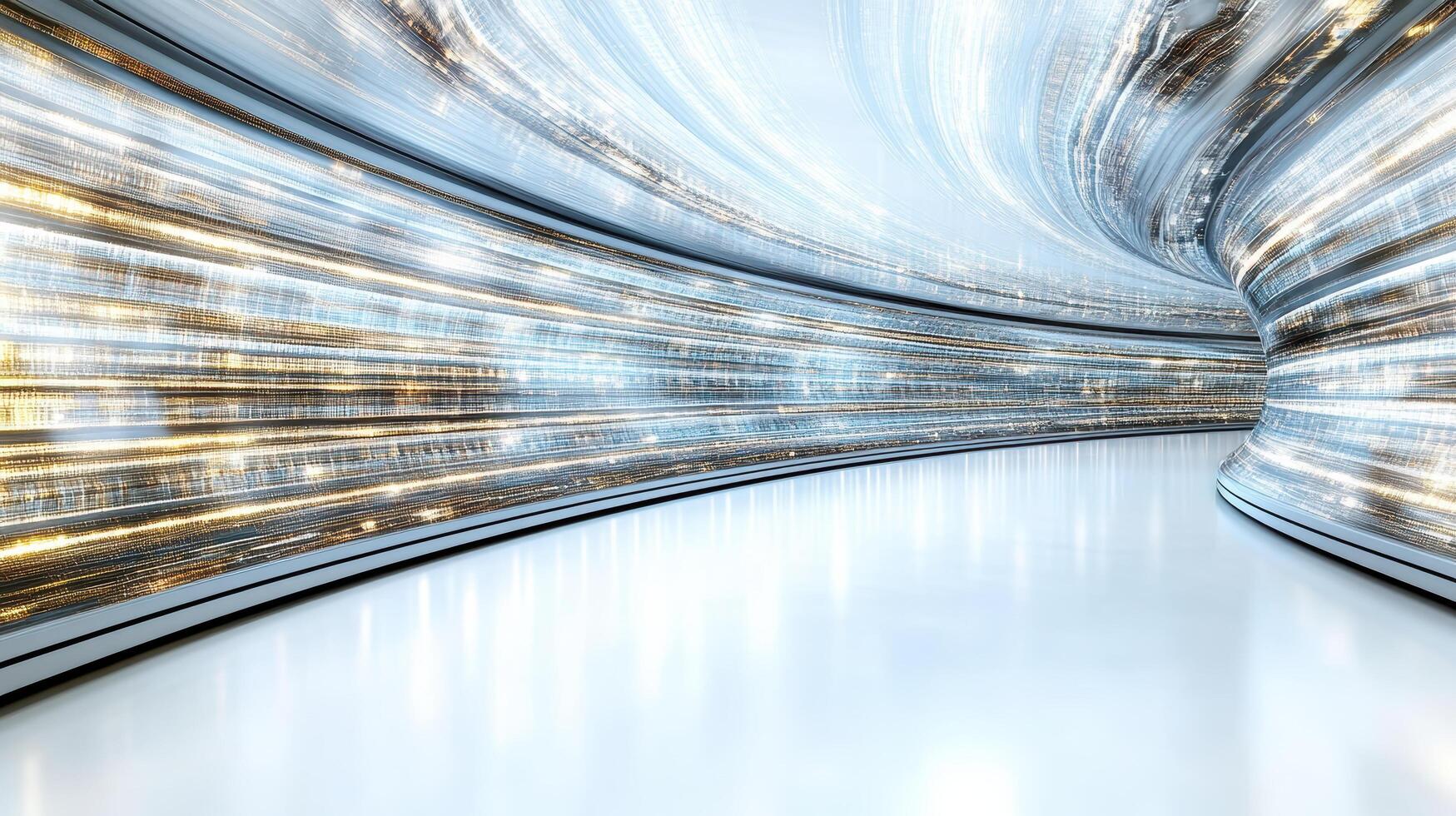 Futuristic digital corridor with glowing lights and smooth curves photo