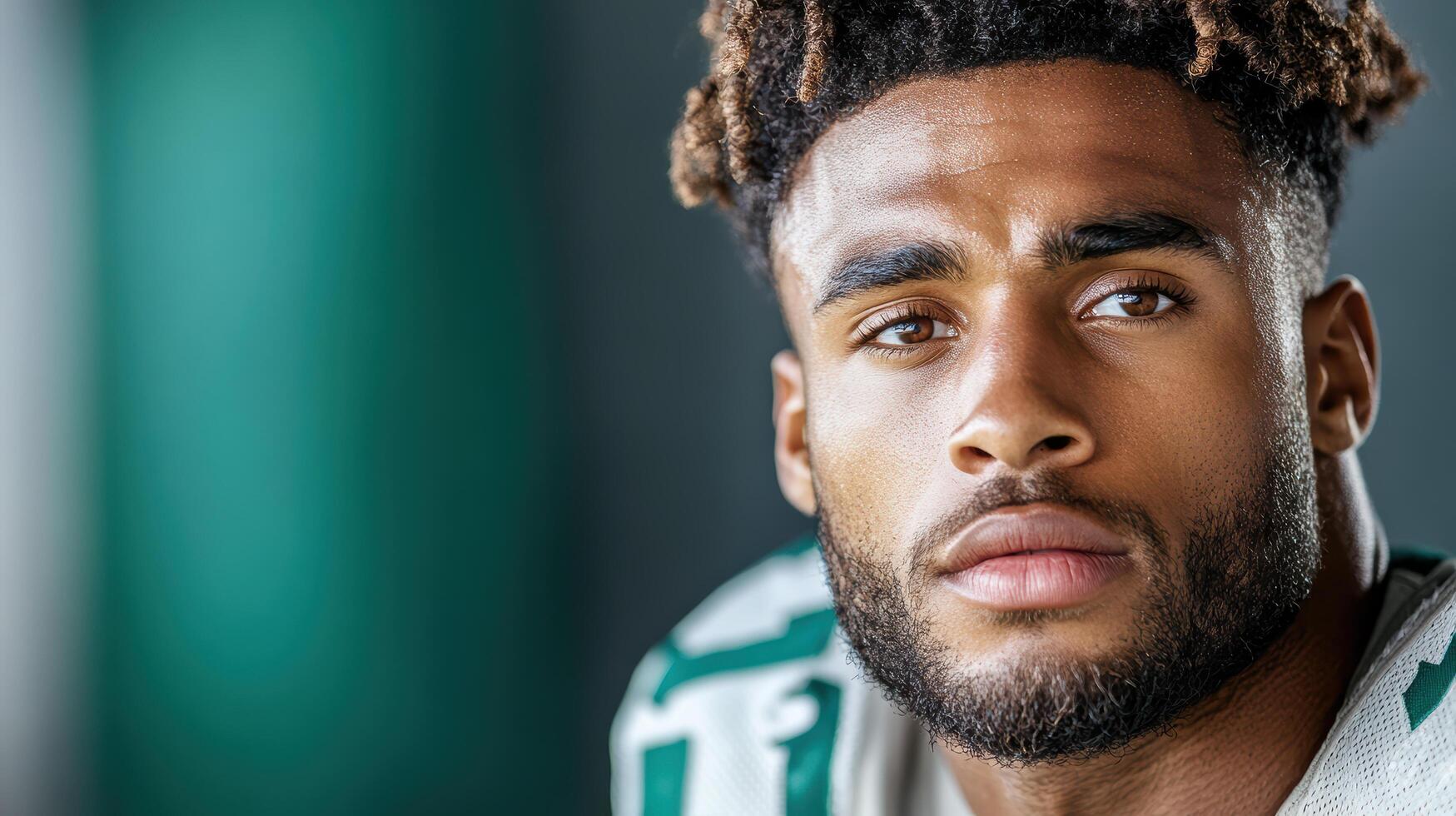 Determined player wearing jersey, focused and ready for game photo