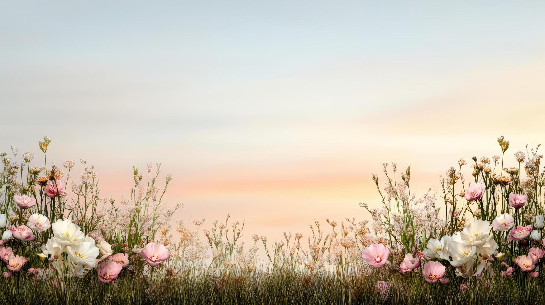 serene sunset over field of colorful flowers creates peaceful atmosphere photo