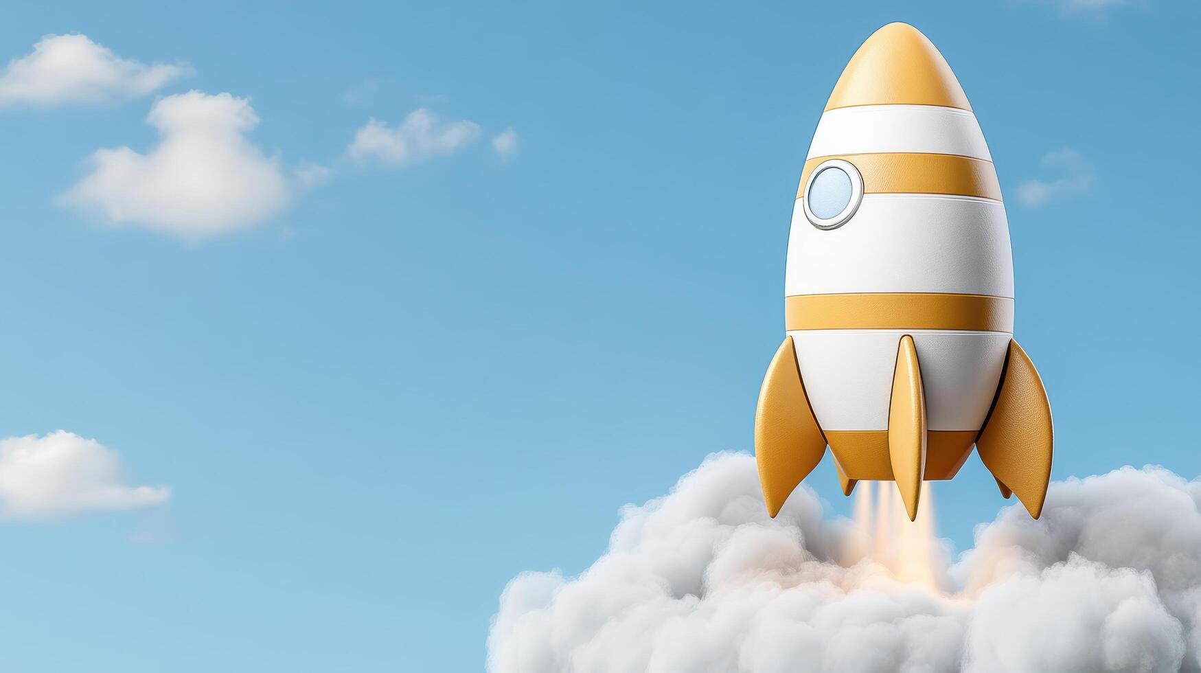 whimsical rocket launching through fluffy clouds in blue sky photo