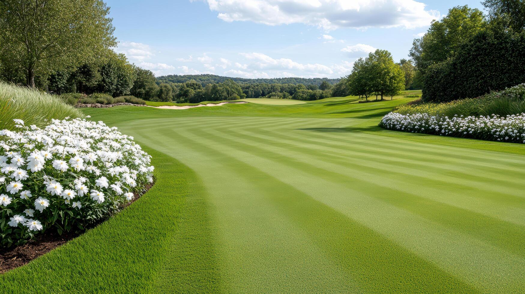 vibrant spring scene on golf course with blooming flowers and lush grass photo
