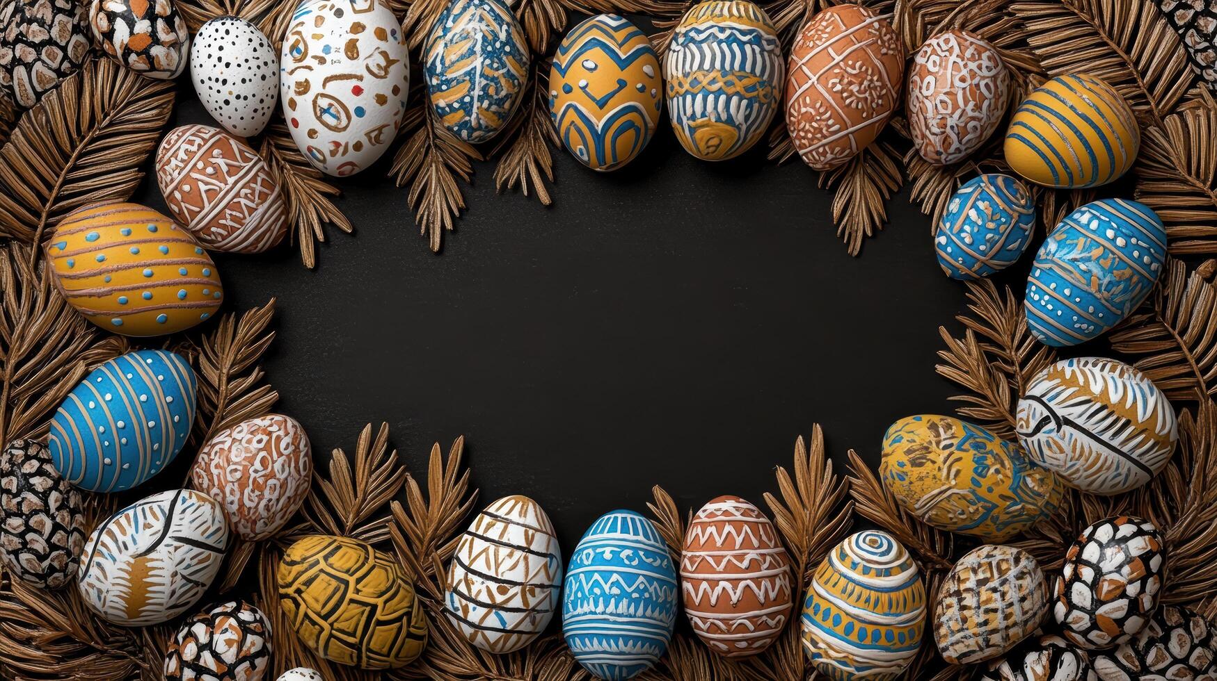 Colorful Easter eggs arranged with pine leaves create festive atmosphere photo