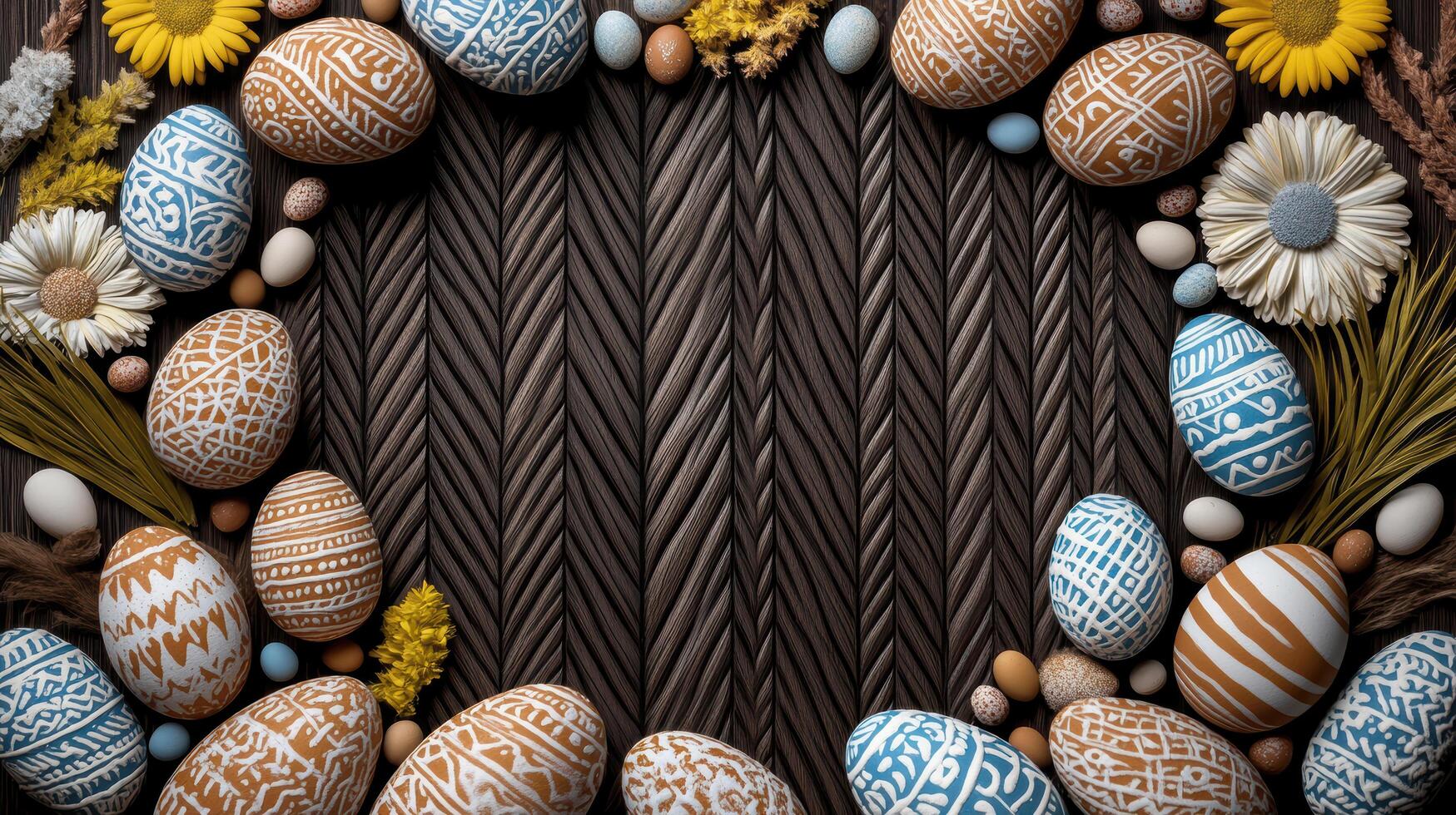 Colorful Easter eggs arranged with flowers on textured background photo
