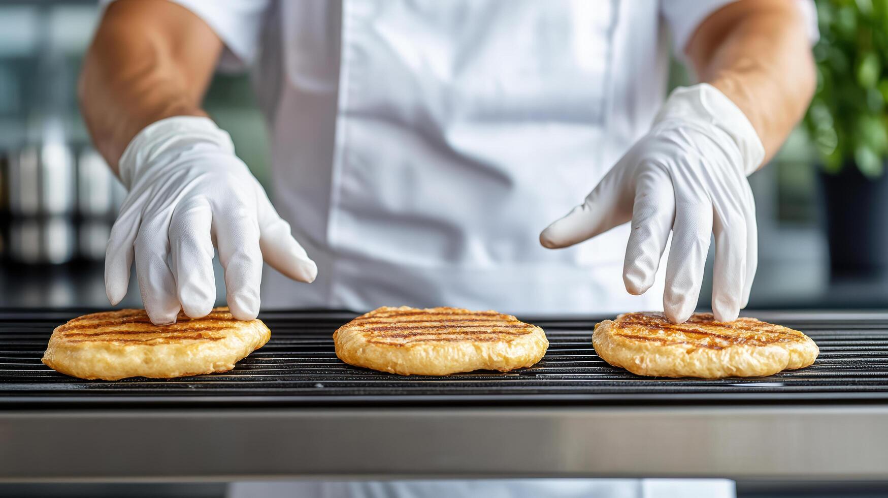 Freshly grilled patties being inspected by chef wearing gloves photo