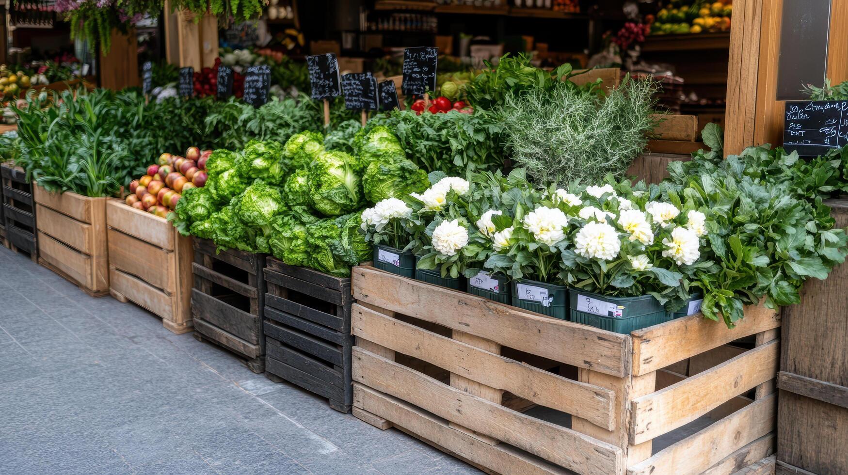 Fresh vegetables and fruits displayed in wooden crates at local market photo