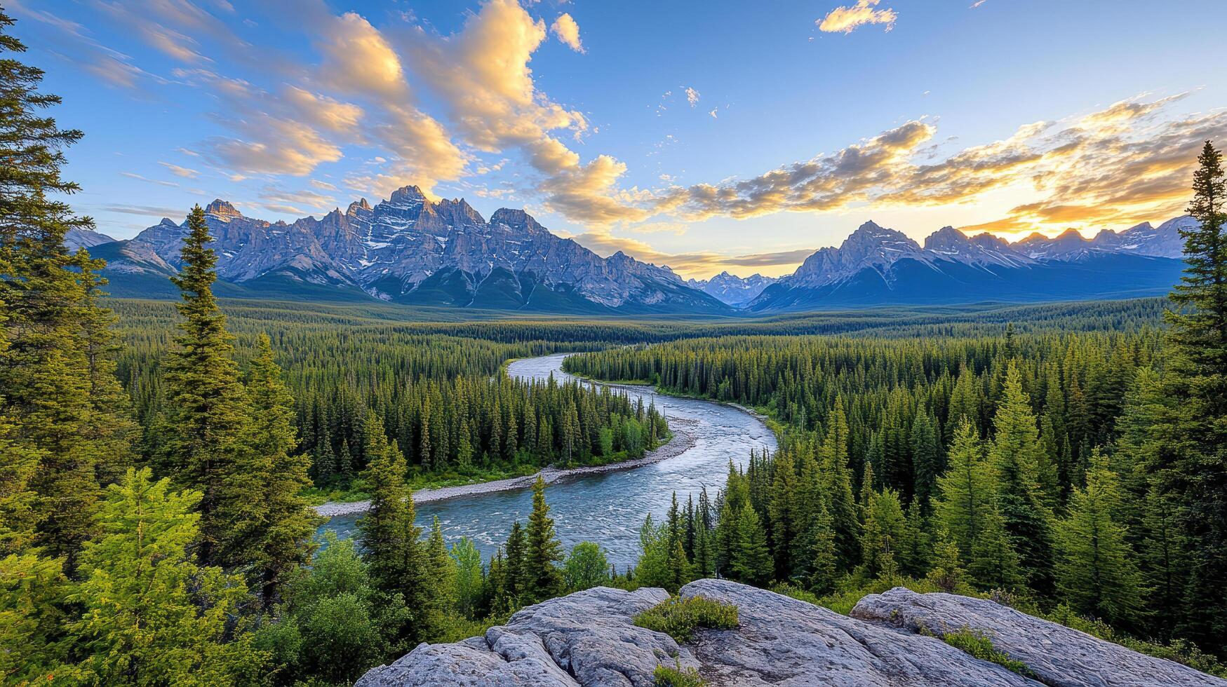 Breathtaking view of Canadian mountains and river at sunset photo