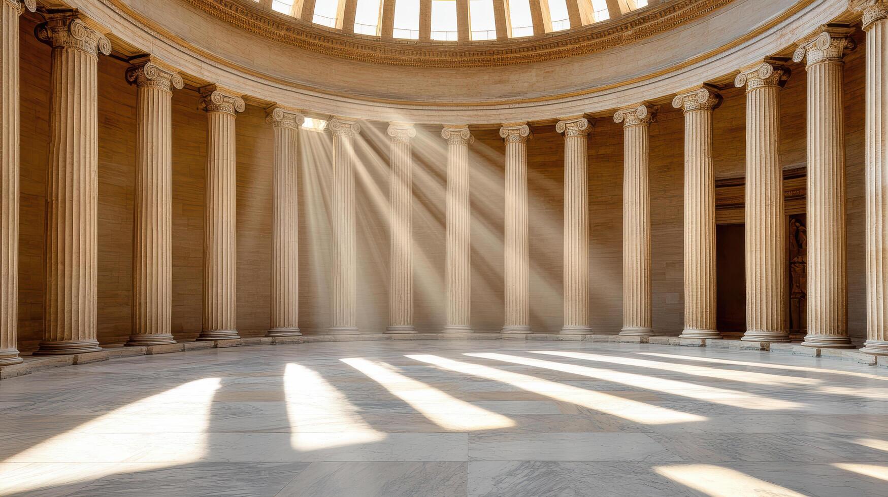 Majestic dome interior with sunlight streaming through columns photo