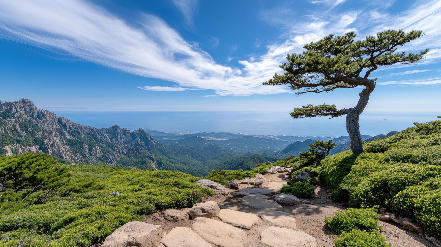 Stunning mountain view with lone tree and vibrant greenery photo