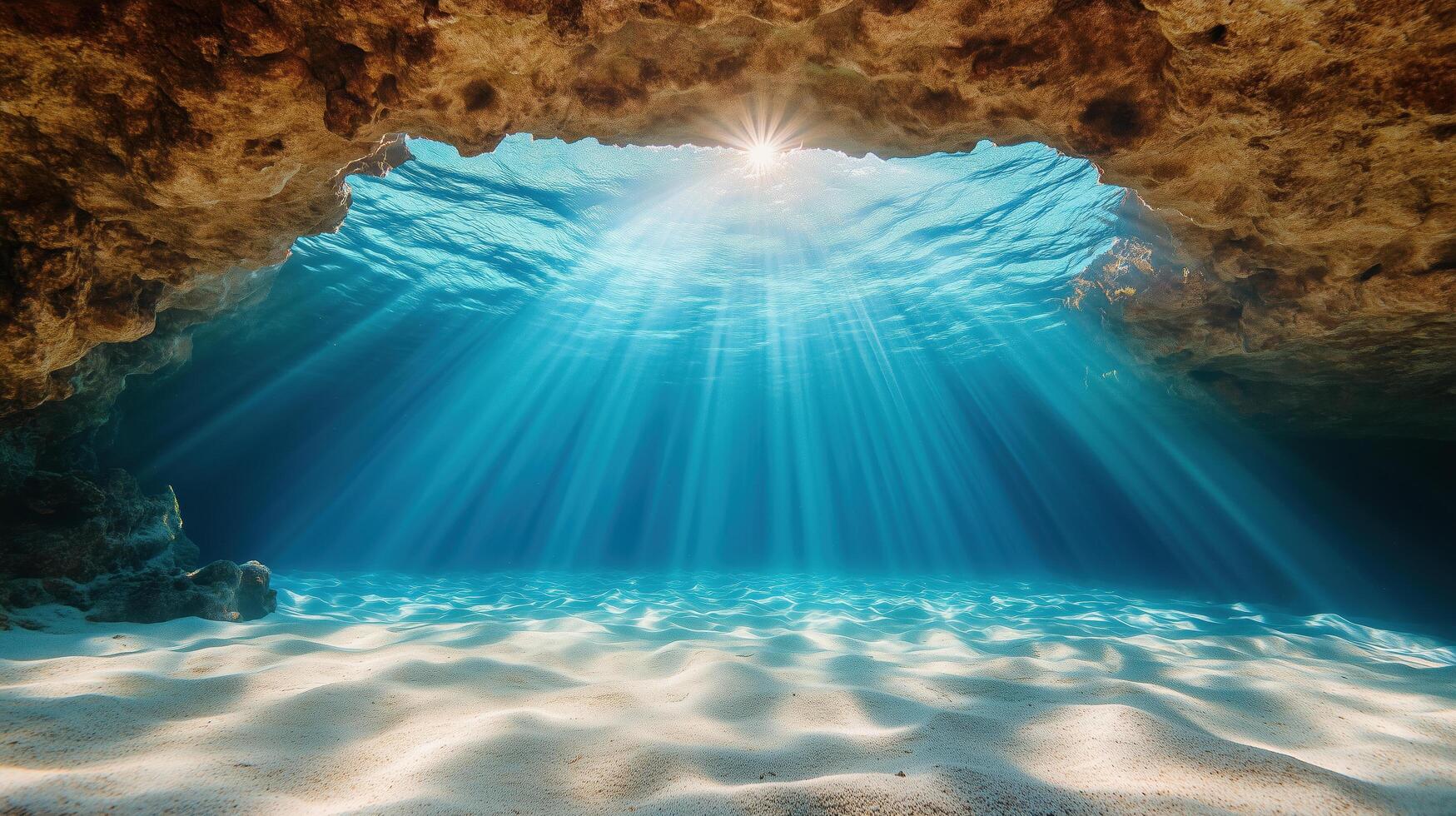 vibrant underwater cave with shimmering light and sandy floor photo