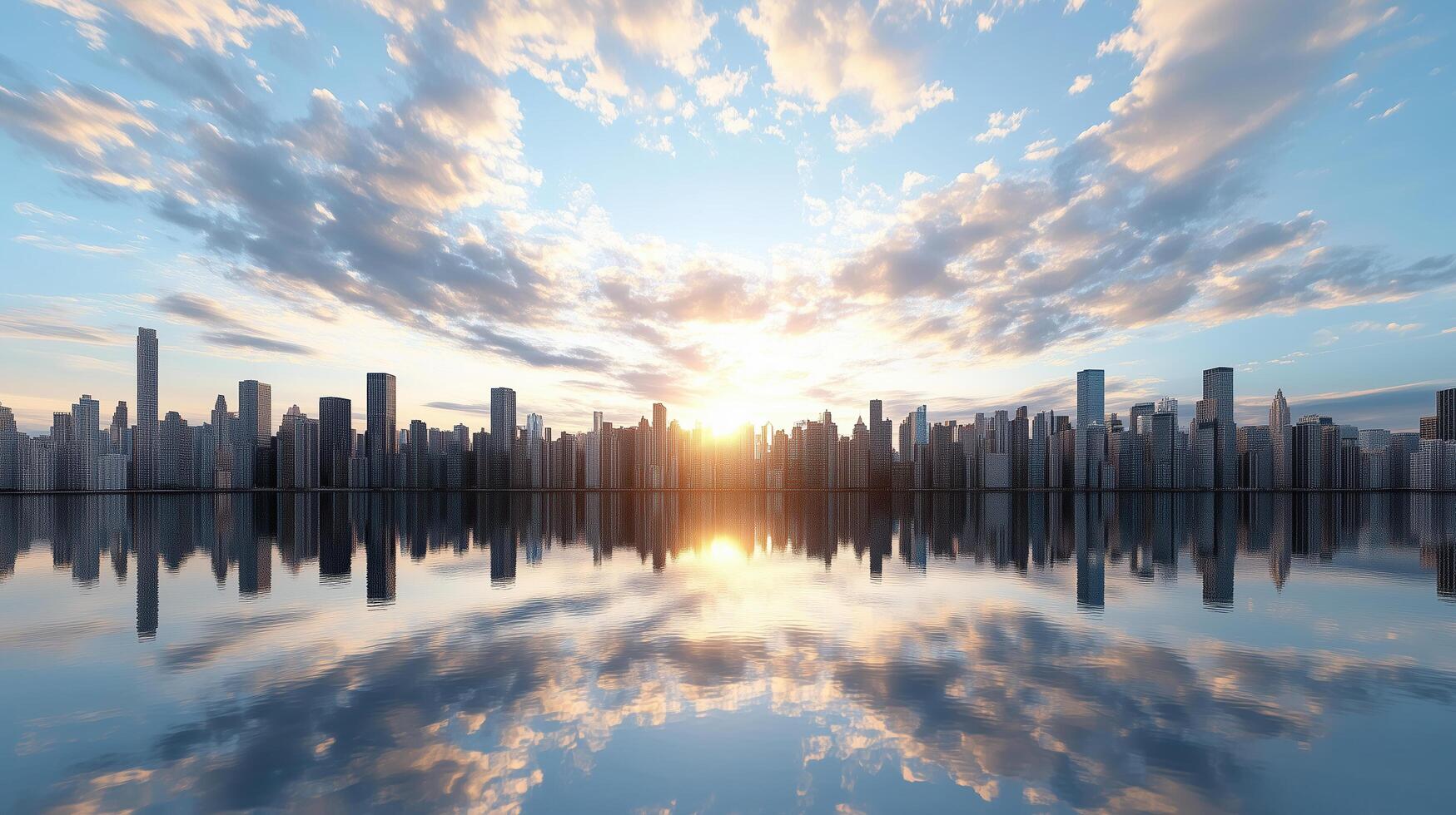 Vibrant city skyline at sunset with reflections on water surface photo