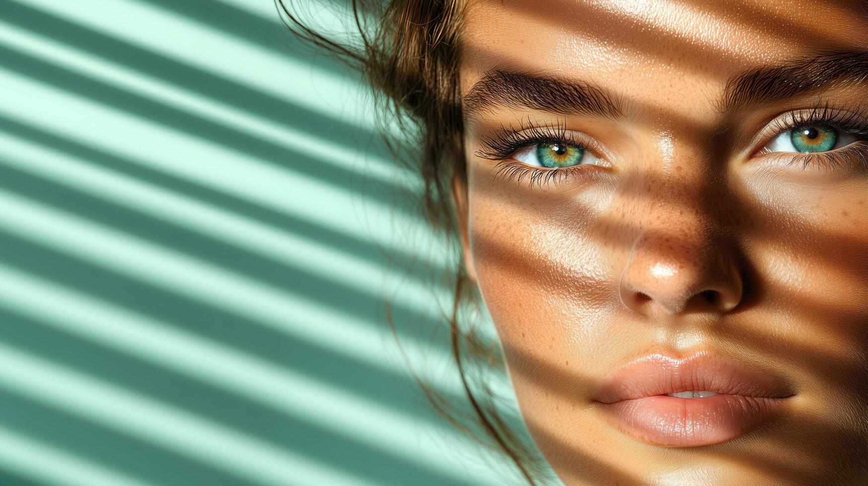close up portrait of woman with striking green eyes and shadows photo