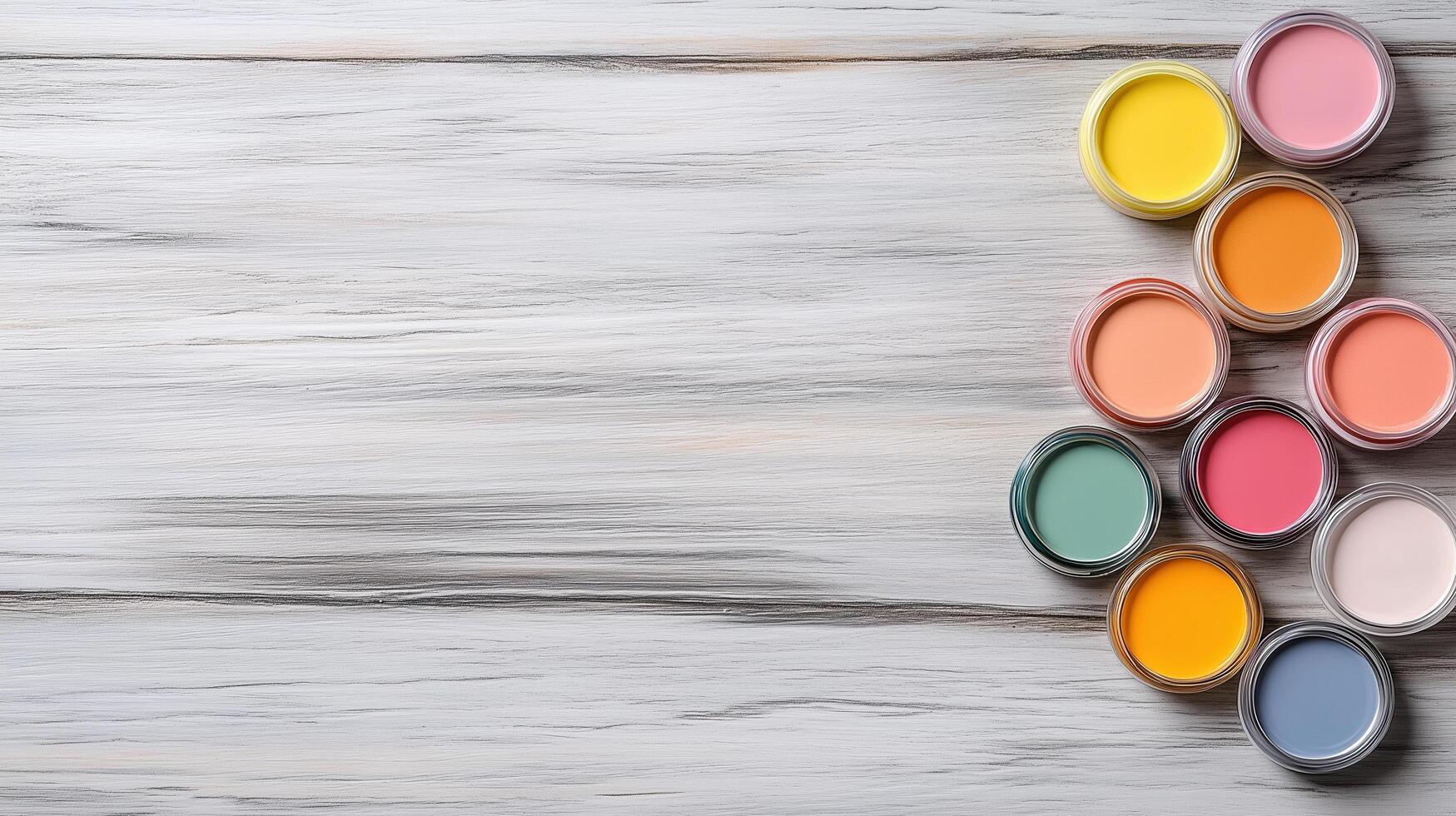 Colorful paint containers arranged on wooden surface, perfect for creativity photo