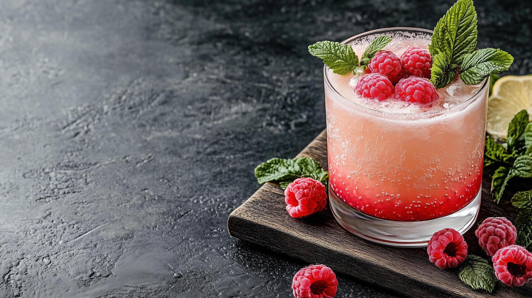 Refreshing raspberry drink with mint leaves and lemon slice photo