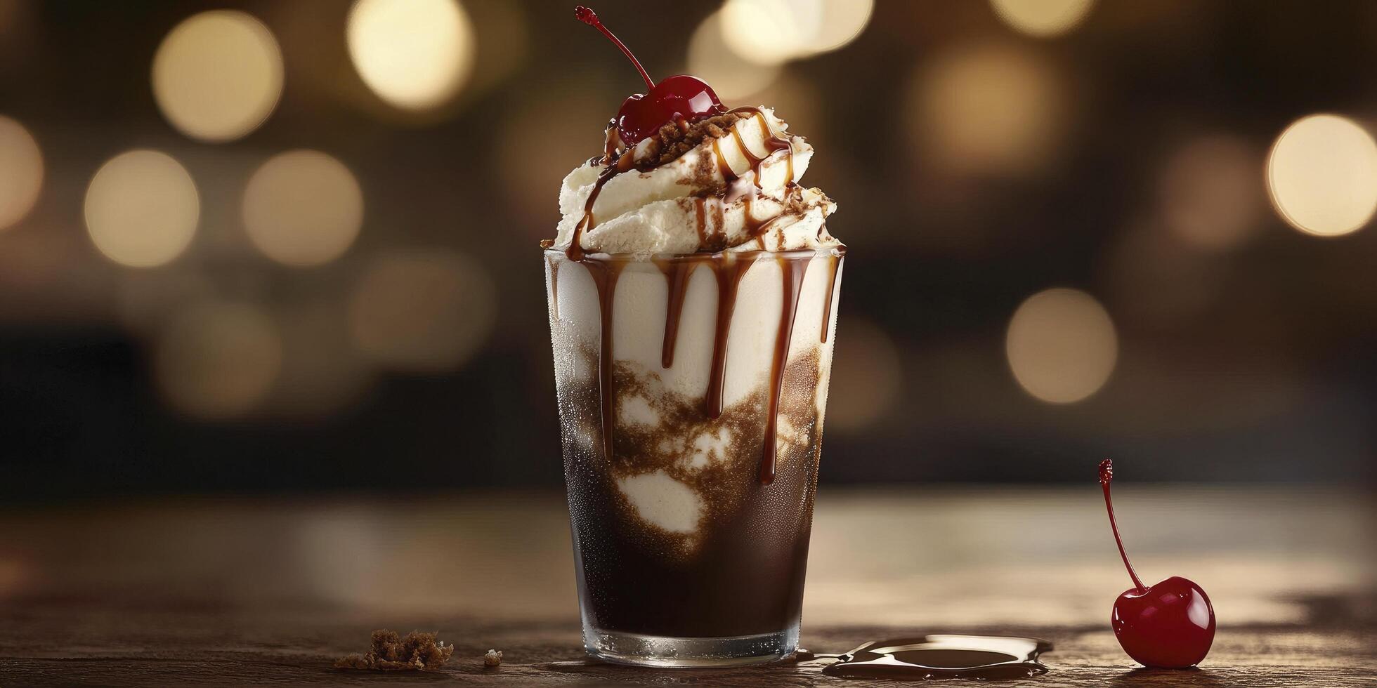 A glass with ice cream and soft-serve on top of the drink, with chocolate sauce, caramel drizzle, and a vanilla-like smoky texture finish, with a cherry floating in it. photo