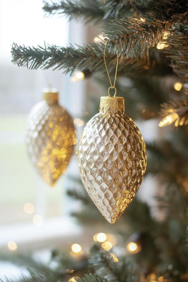 Close-up of a Christmas tree with a golden ornament and blurred lights in the background. Shiny glass decorations hang from the evergreen branches. Golden bokeh light effect. photo