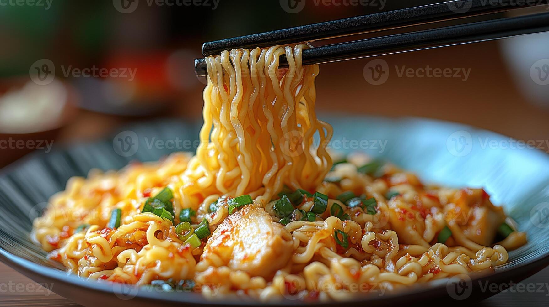 Delicious noodles are twirled with chopsticks, showcasing vibrant herbs and spices photo