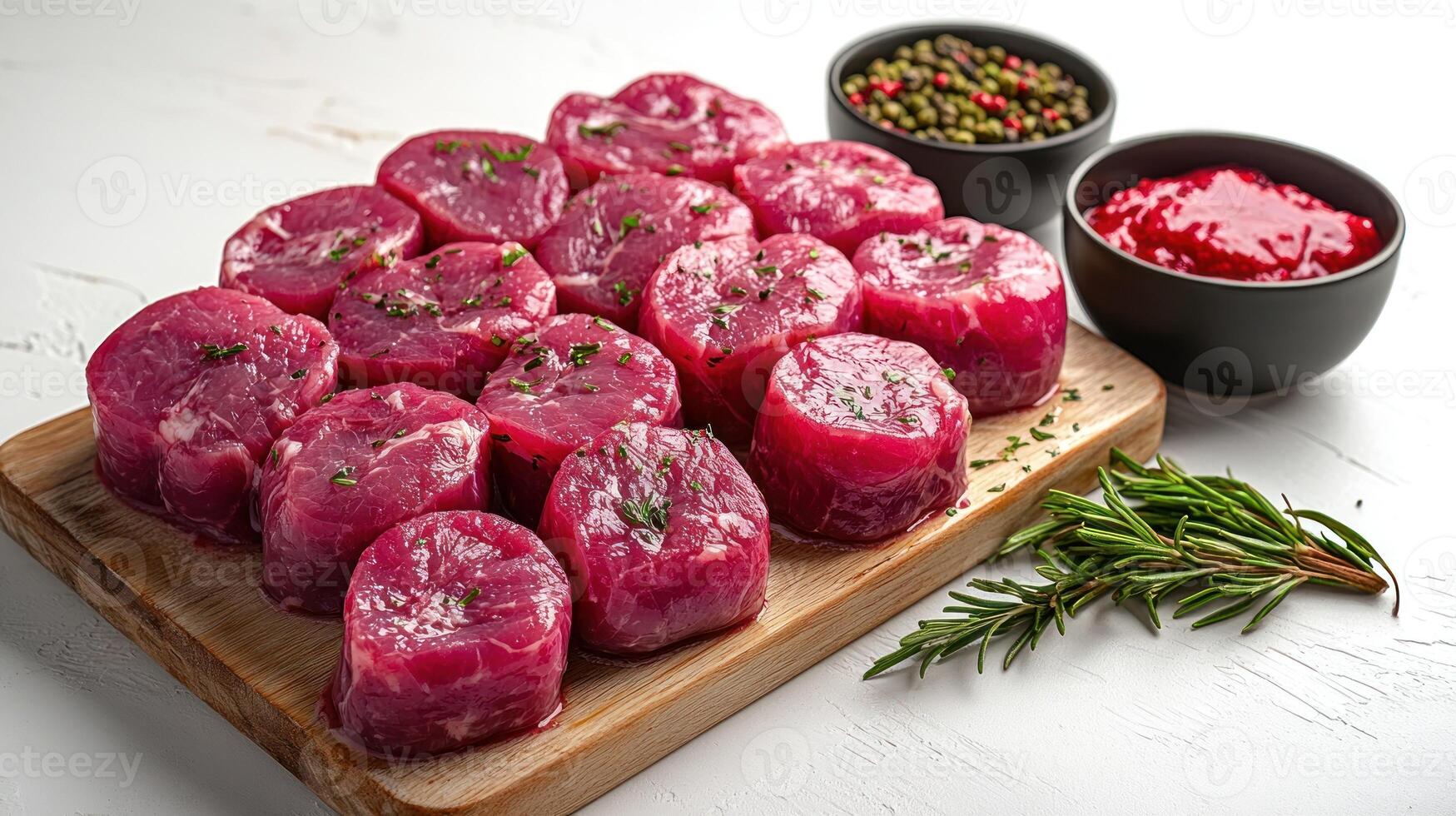 Juicy tenderloin cuts are neatly arranged with fresh herbs and savory sauces photo