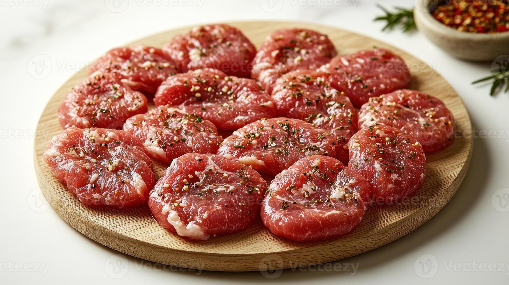 Fresh beef slices seasoned with aromatic herbs await grilling in a cozy kitchen photo