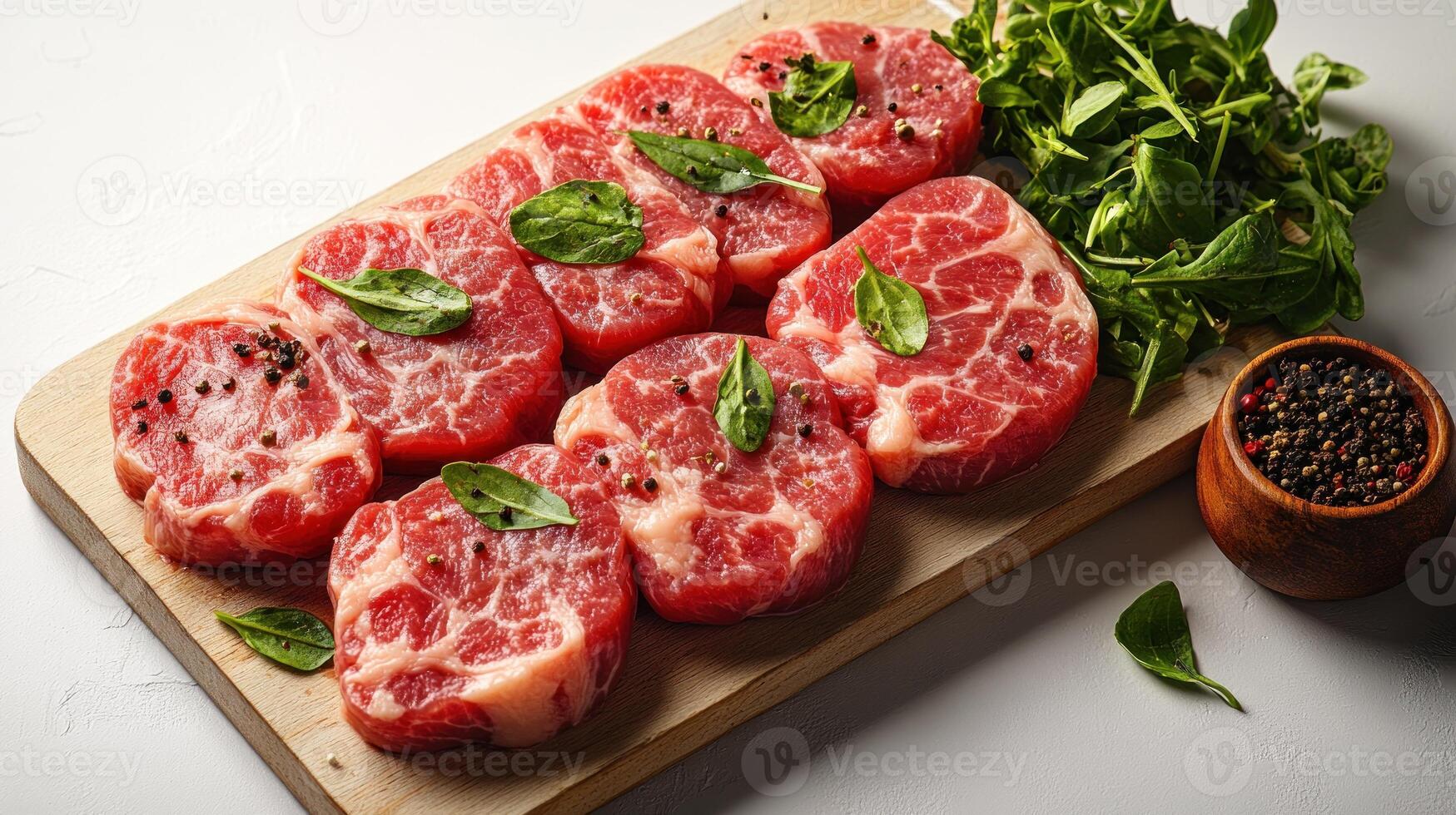 A vibrant display of beef round slices paired with fresh herbs on a wooden board photo