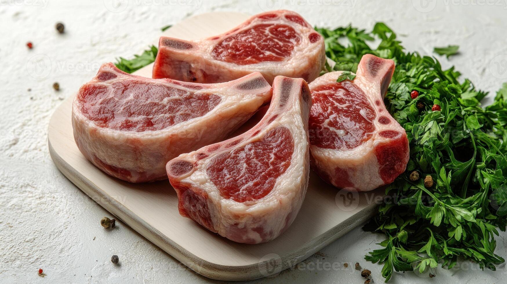A rustic display of tender lamb chops resting on a wooden board with fresh parsley photo