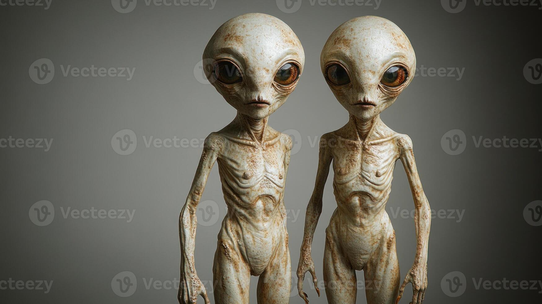 Two unusual aliens with large eyes and slender bodies capture attention in dim light photo