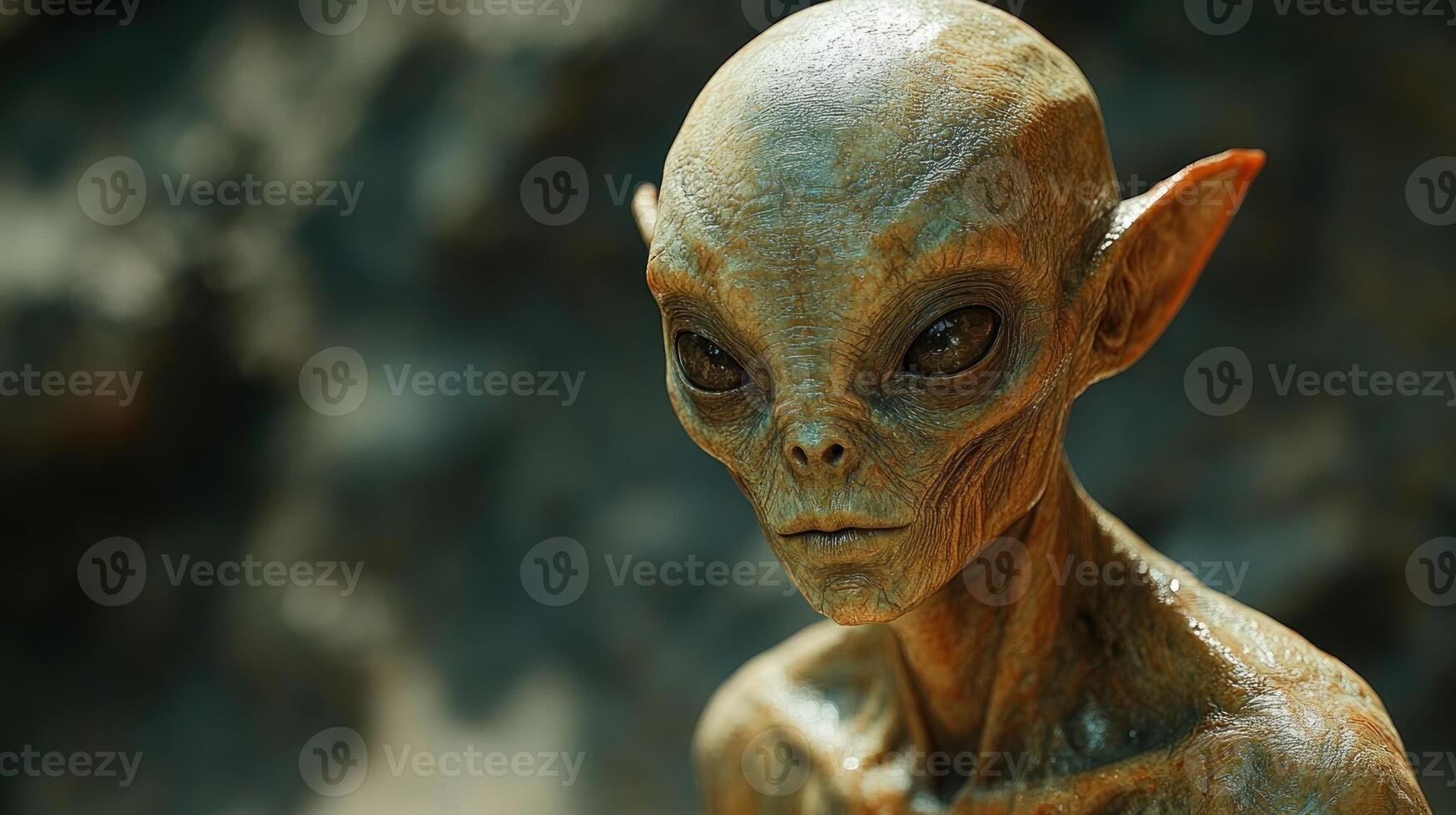 A large-eyed alien gazes thoughtfully into the distance, pondering its existence photo