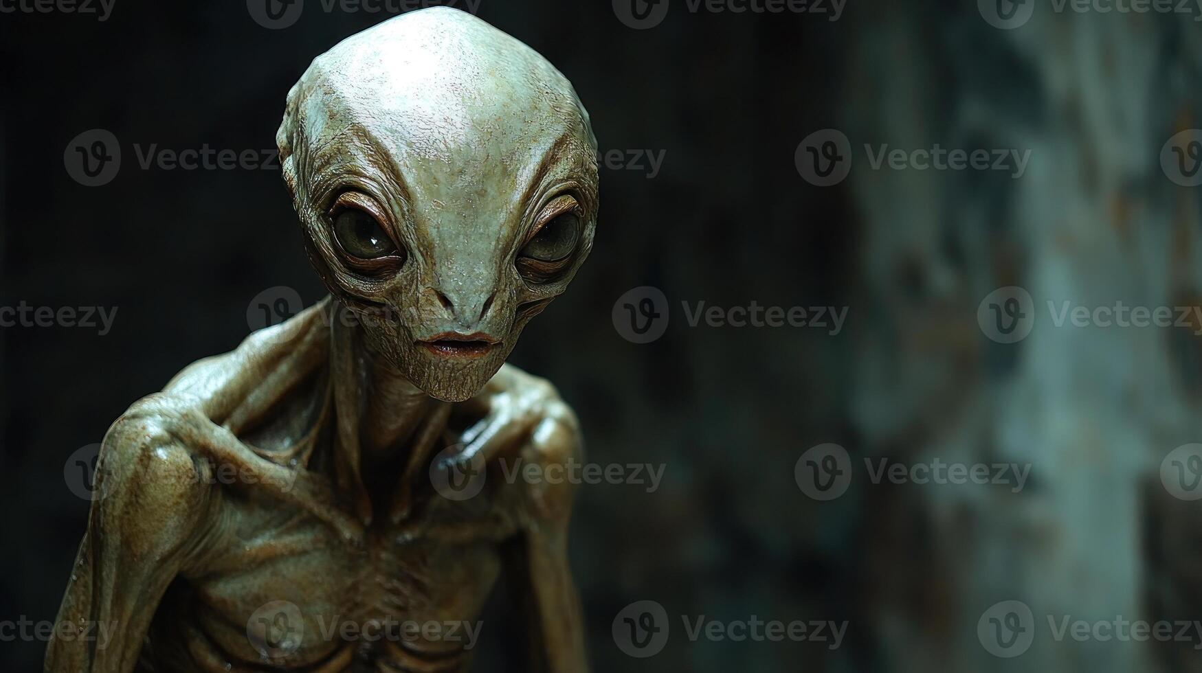 An otherworldly being gazes curiously in a dark, dimly illuminated space photo