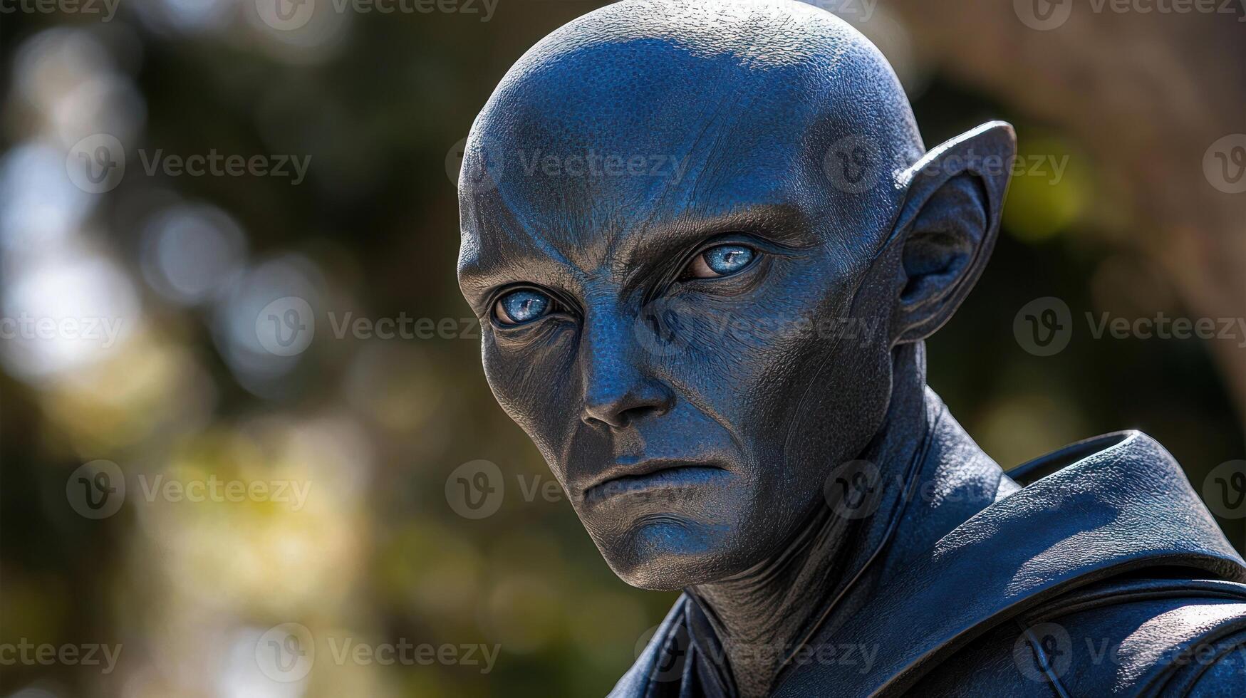 An alien character gazes intensely, featuring vibrant blue eyes and intricate details photo