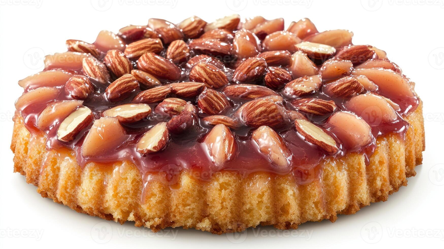 A delicious almond tart topped with shiny glaze and nuts invites indulgence photo