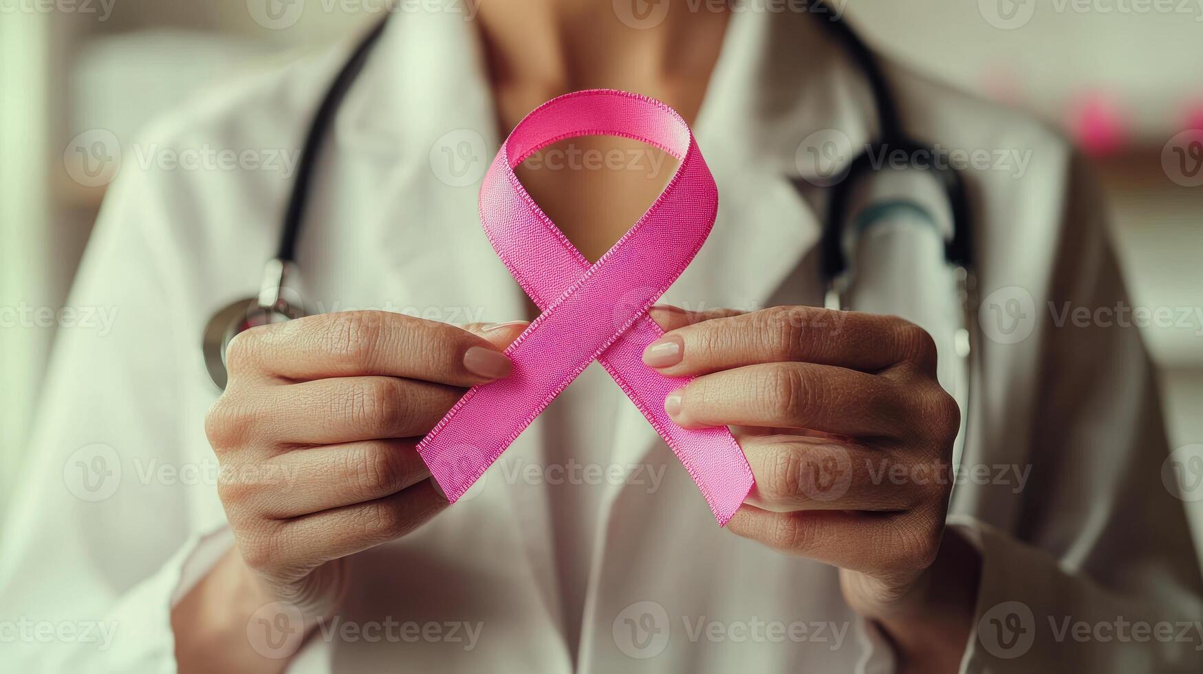 A doctor displays a pink ribbon to advocate for breast cancer awareness and support photo