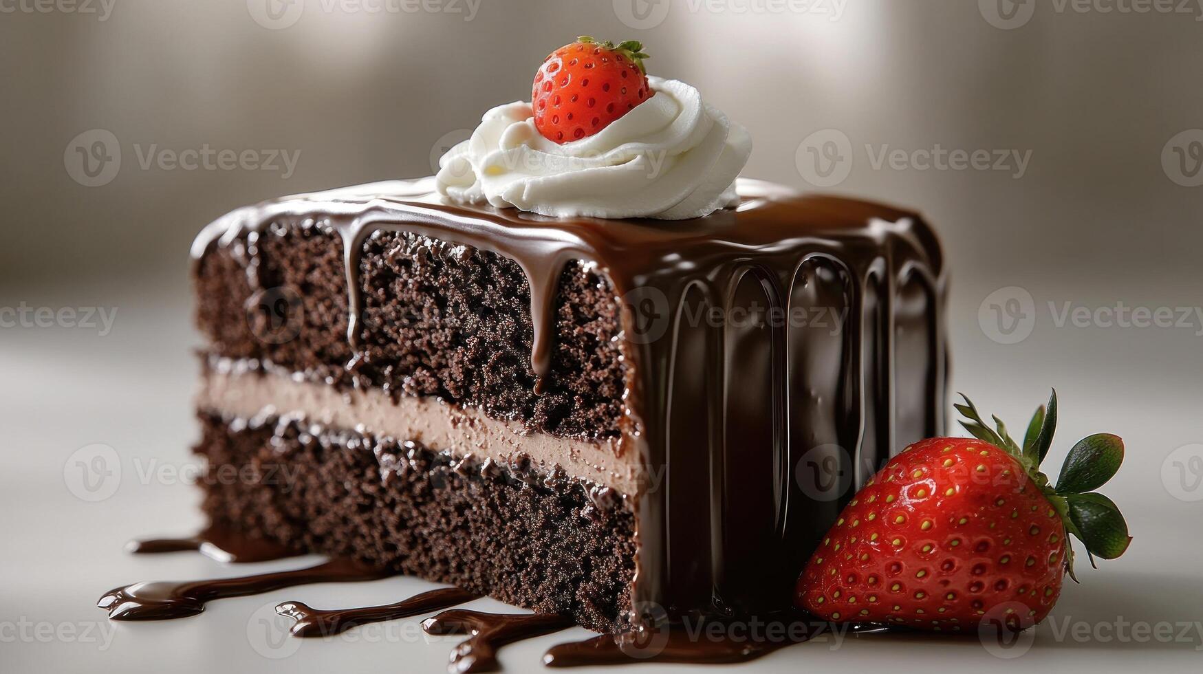 A layered chocolate cake topped with cream and strawberries awaits you photo