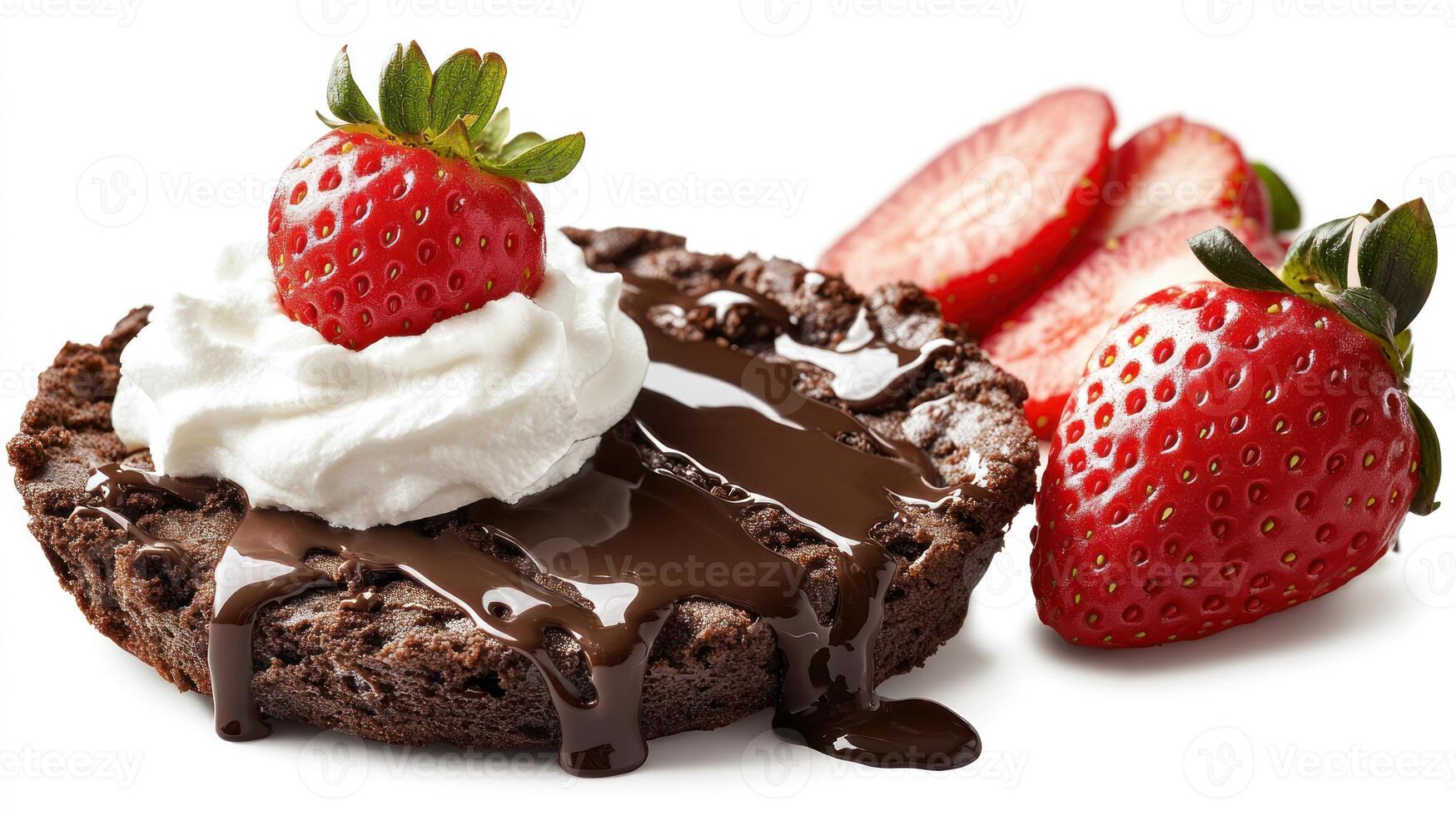 A decadent brownie with melted chocolate and strawberries awaits dessert lovers photo