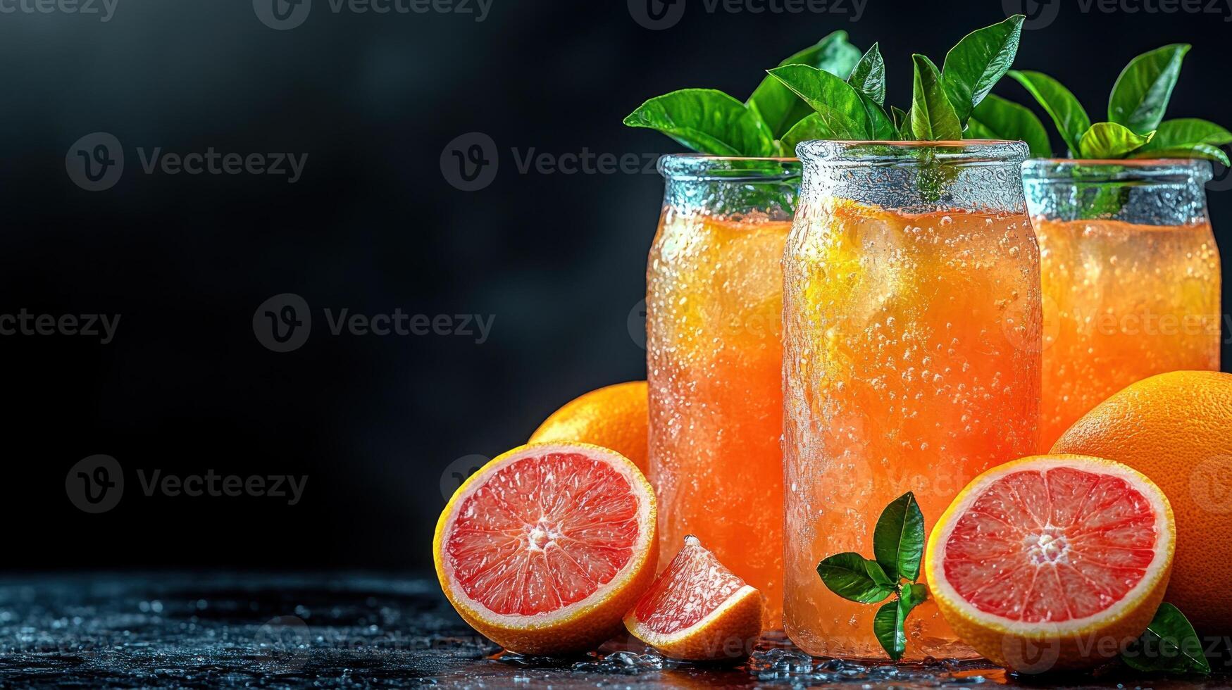 Sparkling citrus drinks in jars with fresh oranges and mint capture a lively moment photo