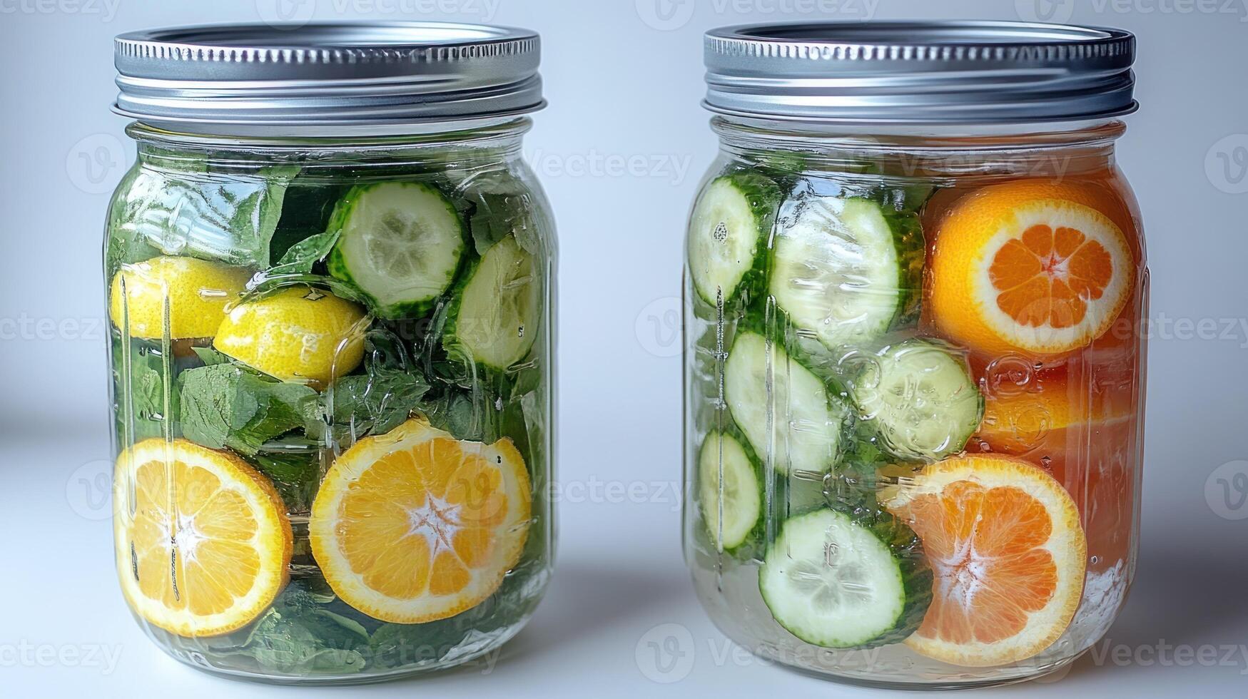 Two glass jars filled with vibrant lemon, cucumber, and mint ingredients photo