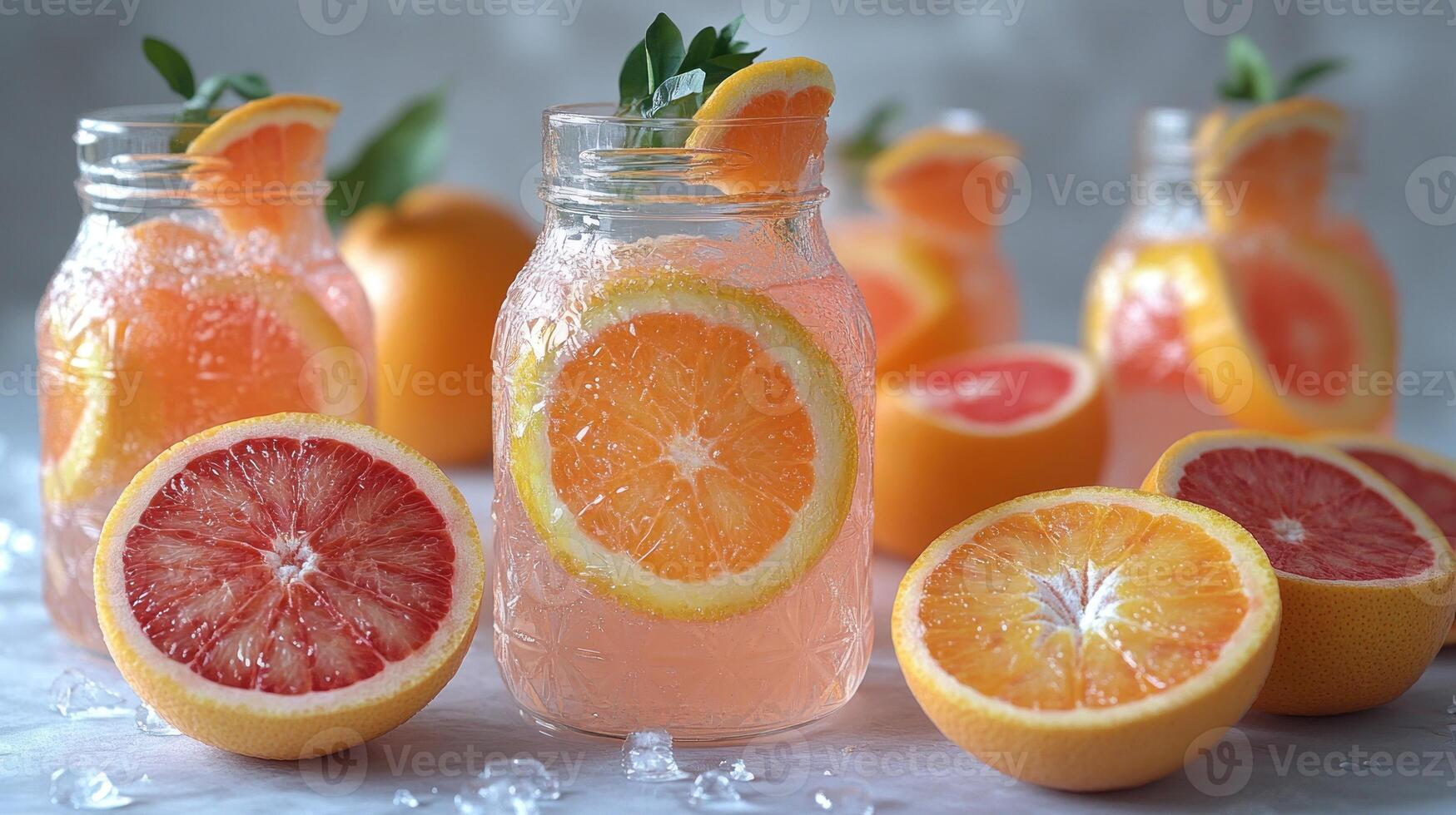 Refreshing citrus beverages in jars surrounded by juicy oranges and grapefruits photo