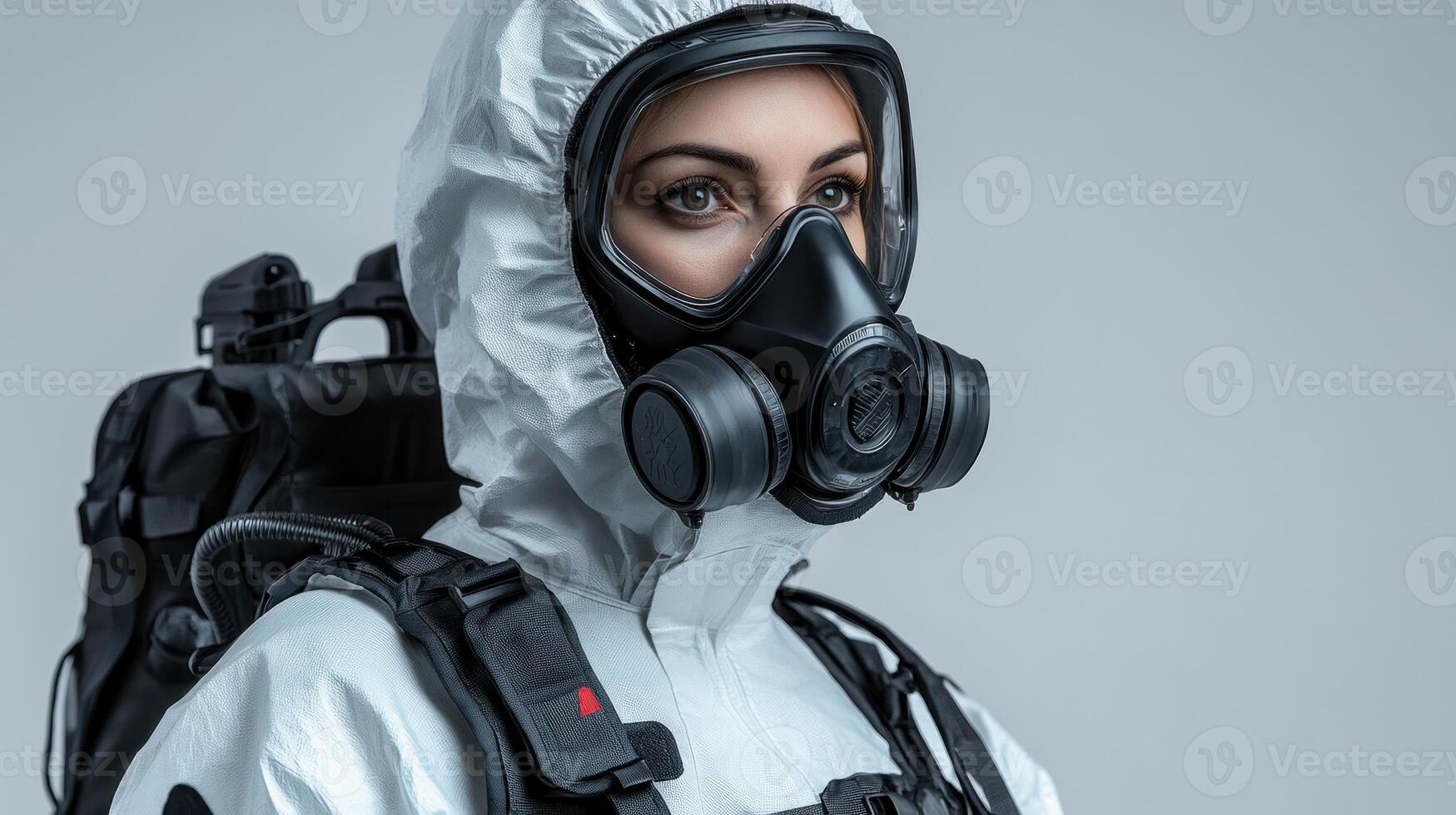 An individual dressed in a protective suit stands ready to face potential dangers ahead photo