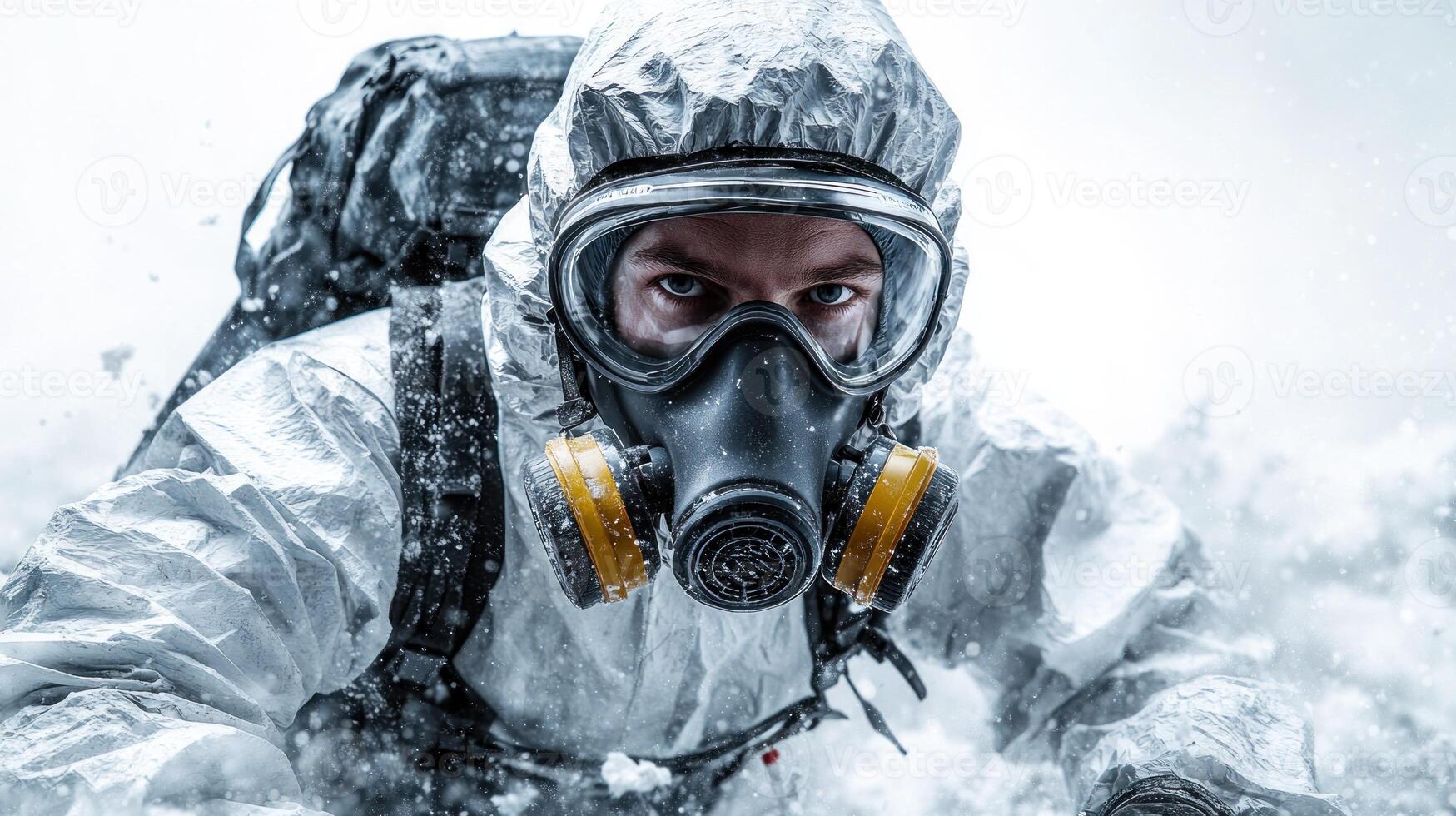 A determined individual battles harsh snow conditions in protective gear photo