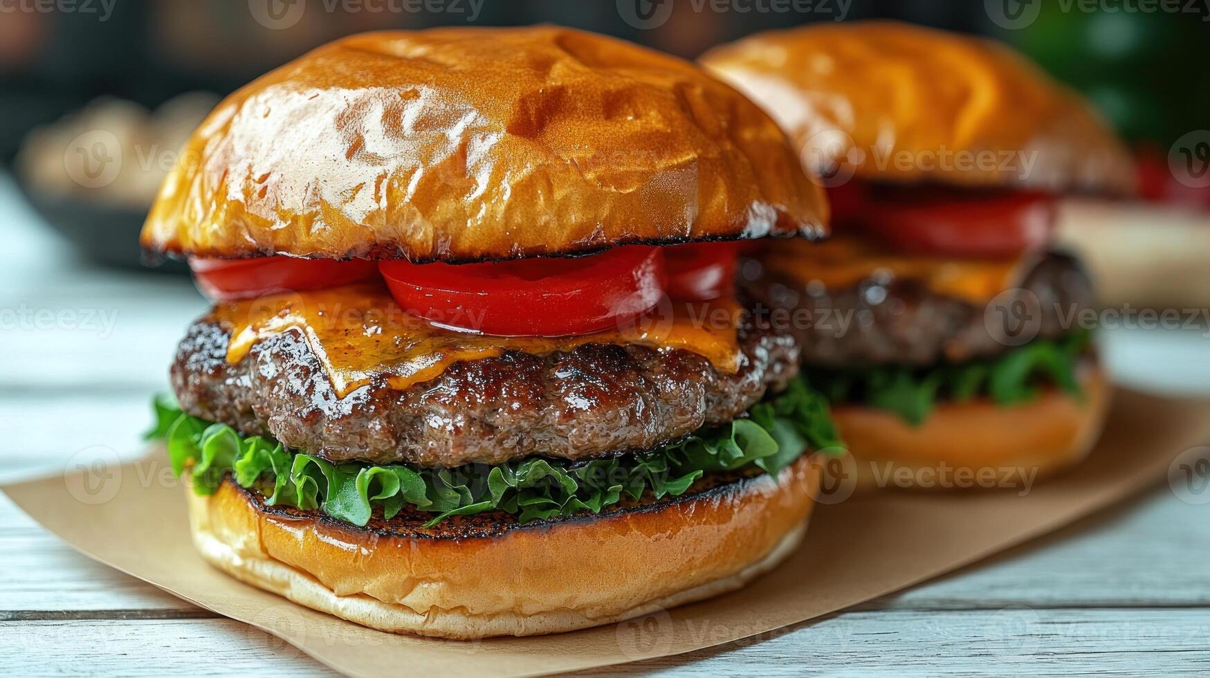 Sizzling burgers loaded with cheddar, tomatoes, and greens create mouthwatering delight photo