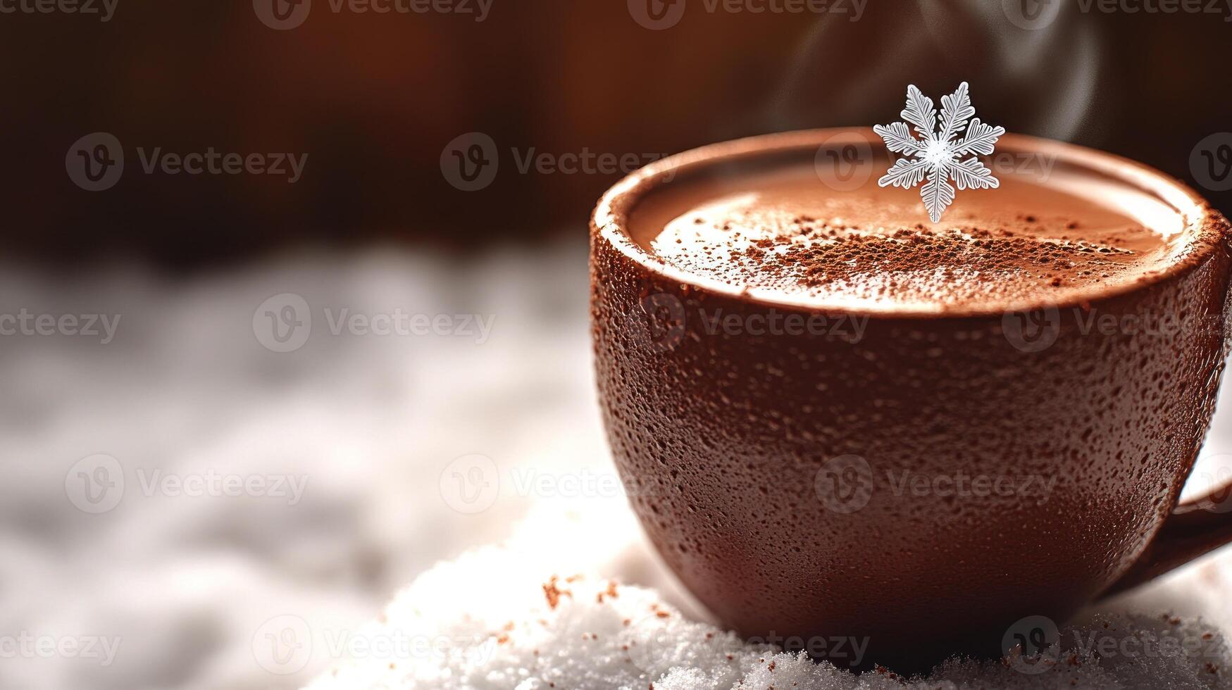 Warmth and comfort blend as a rich drink rests gently on a snowy surface photo